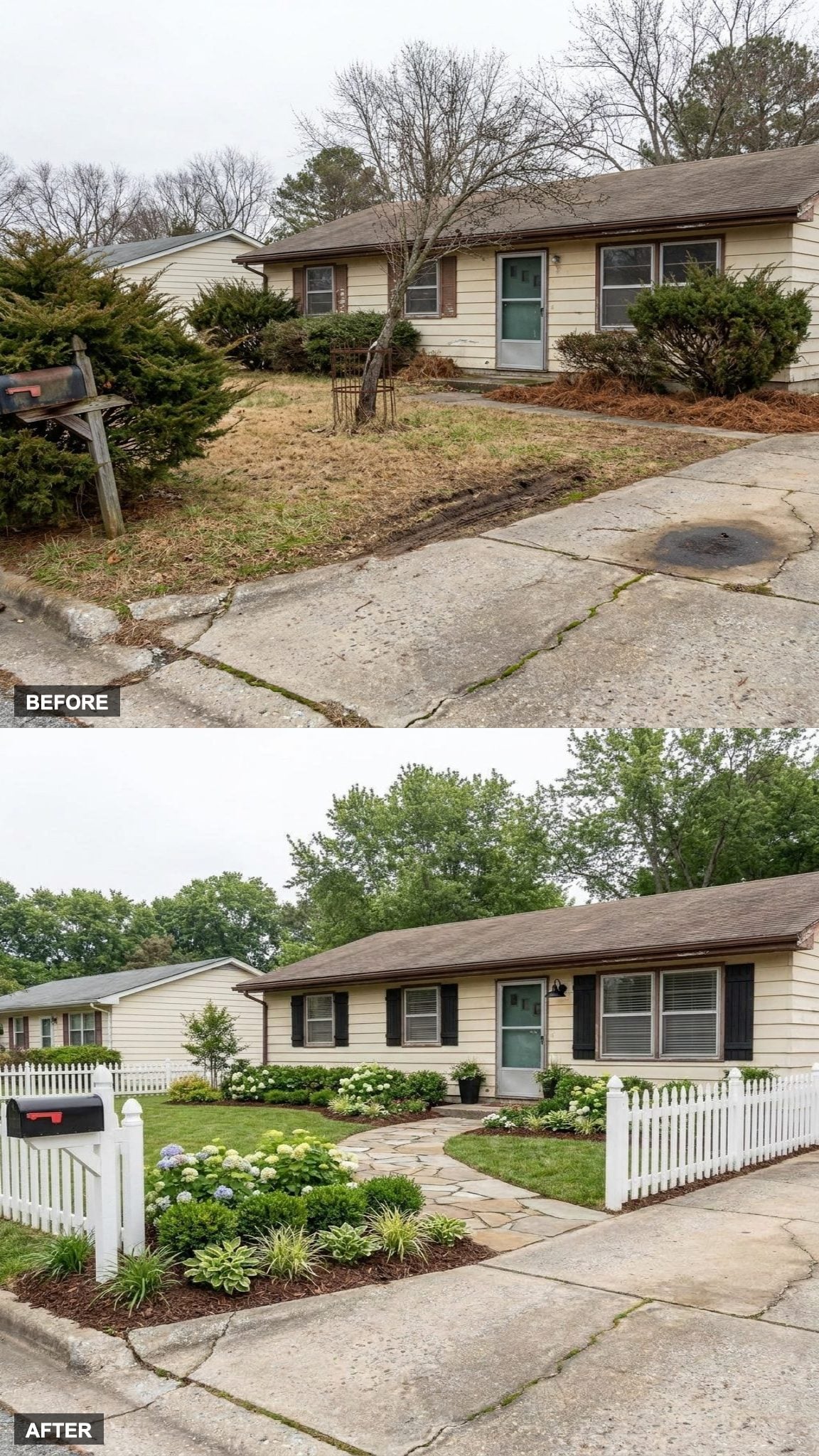 Modern Farmhouse Curb Appeal with White Fencing, Black Shutters, and a Winding Stone Walkway