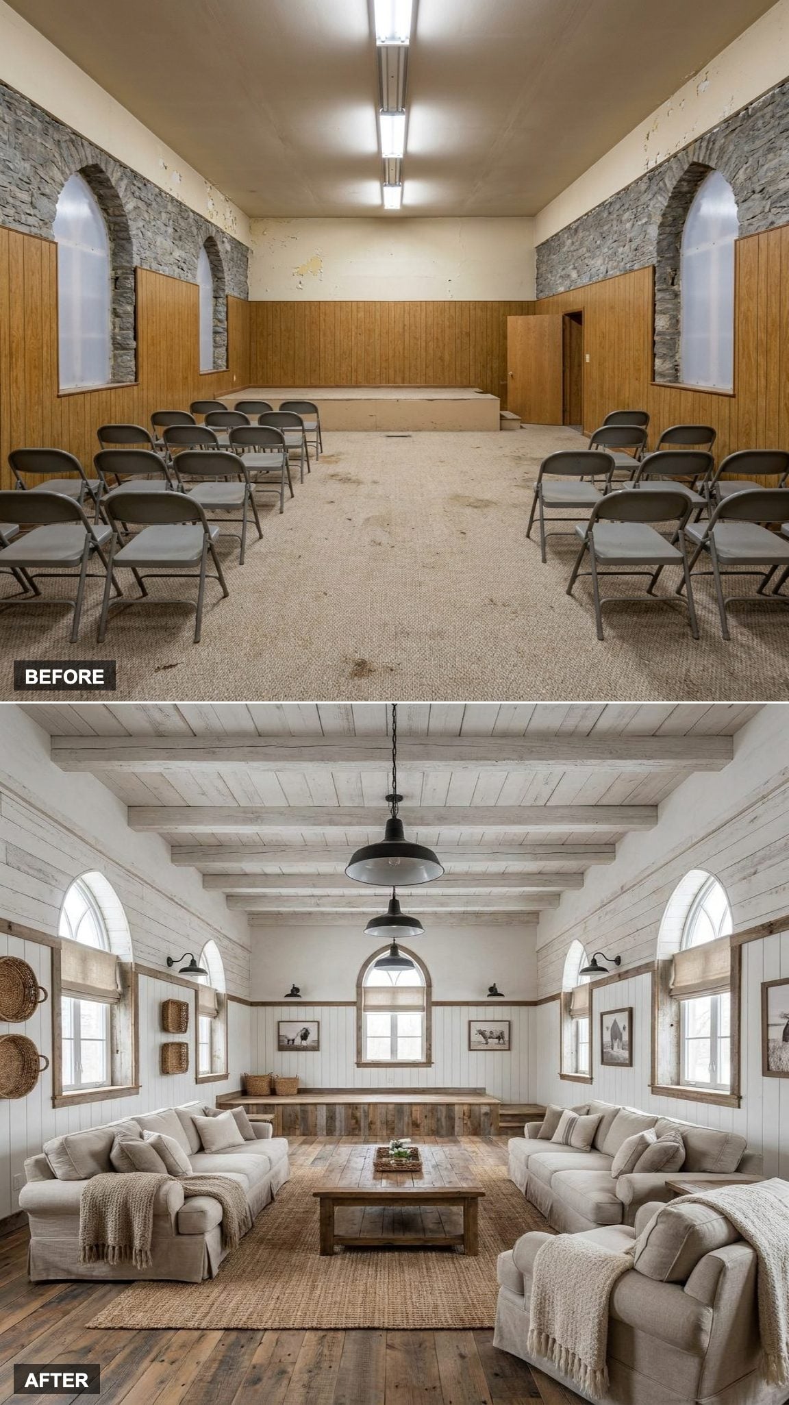 Modern Farmhouse Great Room With Whitewashed Beams, Shiplap, and Oversized Linen Seating