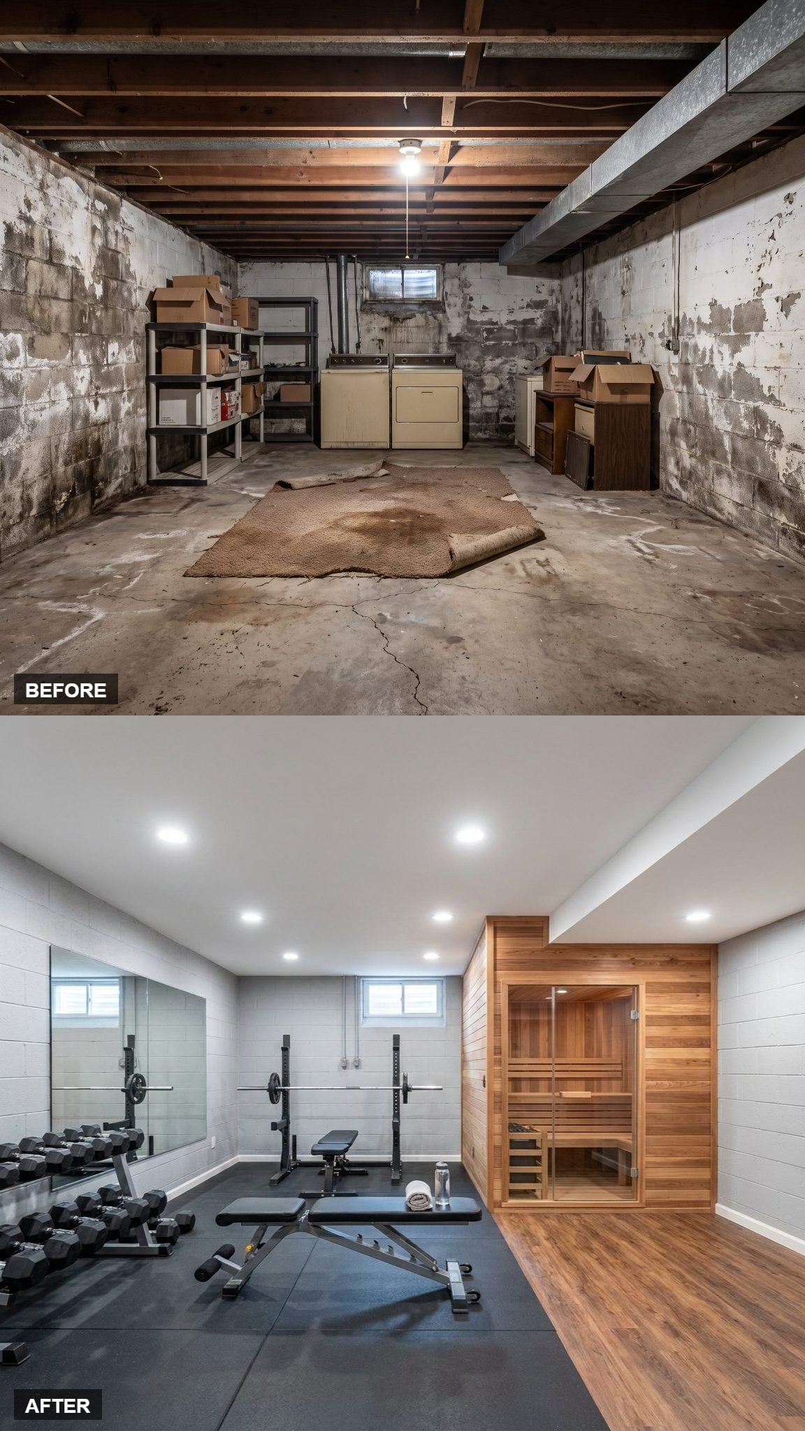Modern Fitness Room With a Cedar-Lined Sauna Nook