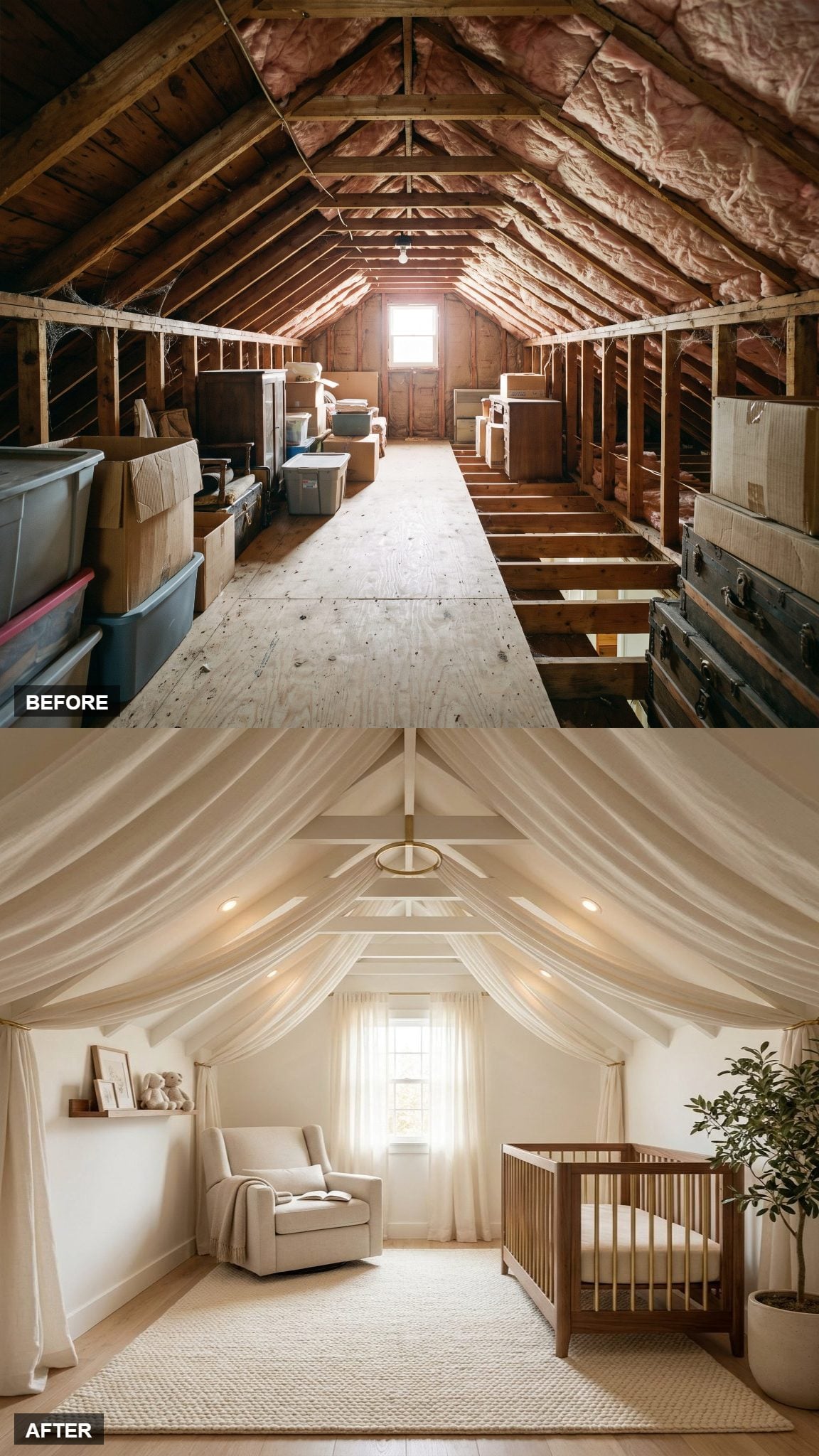 A Suspended Ivory Linen Canopy Softens the Sloped Ceiling Into Folds