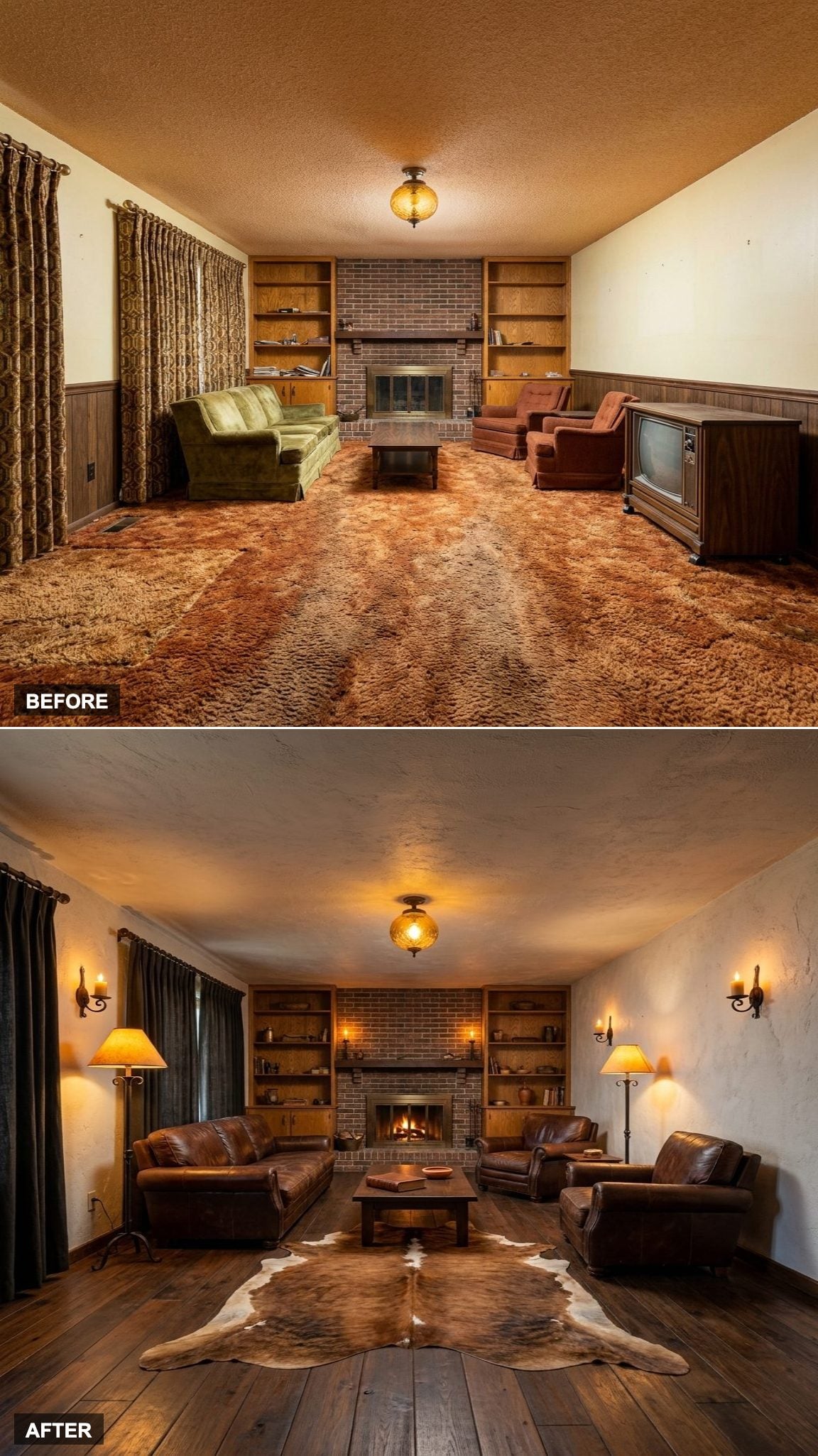 Moody Argentinian Estancia with Cowhide Rugs, Dark Tobacco Leather, and Wrought Iron Accents