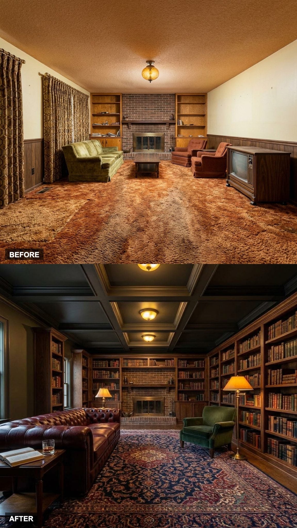 Moody British Library Aesthetic with Dark Walnut Shelving and Oxblood Leather