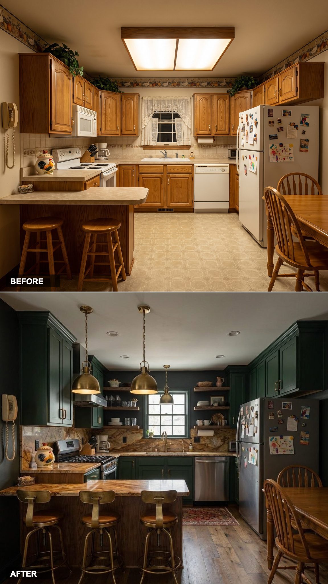 Moody Forest Green Cabinetry with Warm Walnut Island and Brass