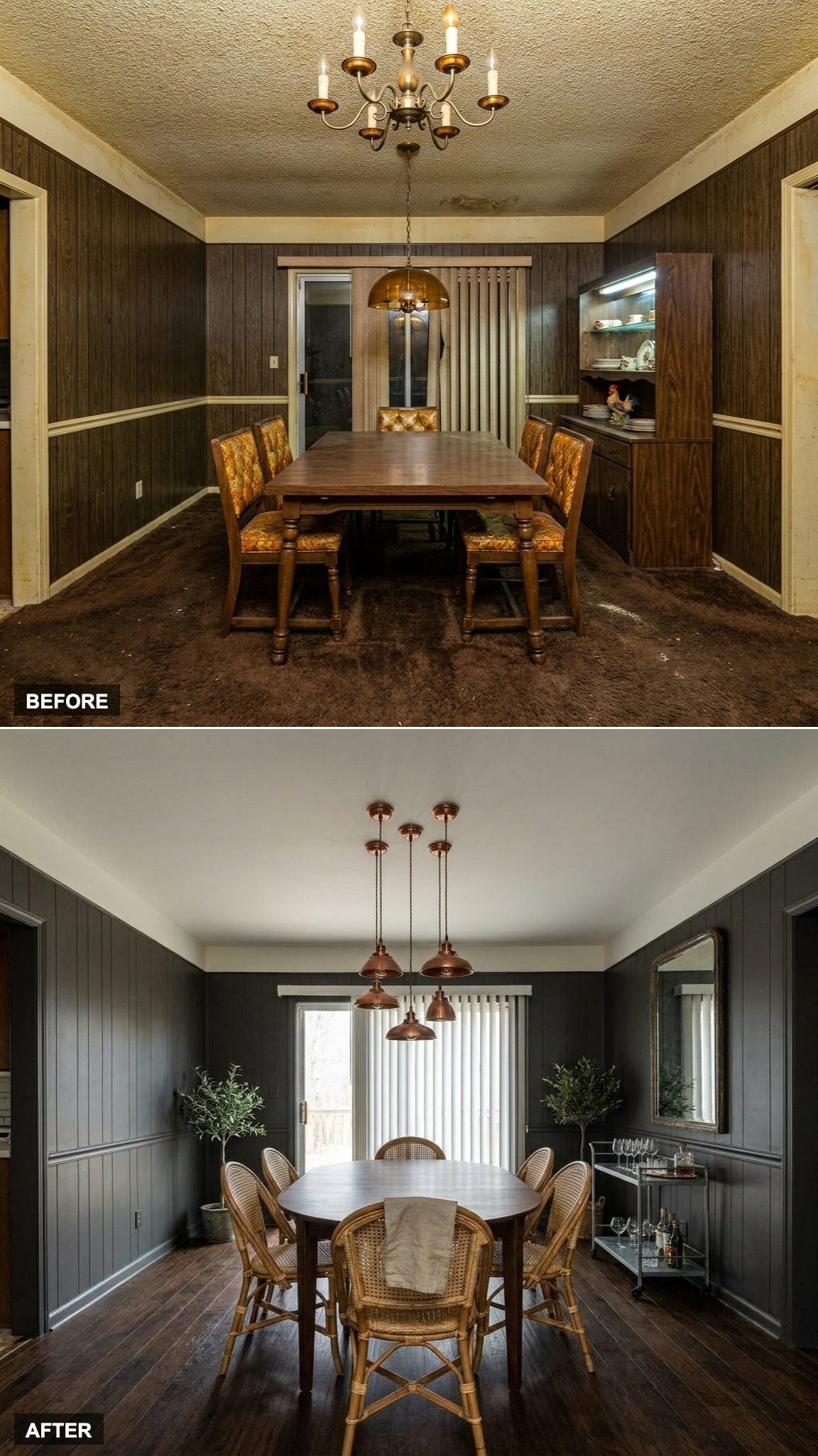 Moody French Bistro with Charcoal Walls, Cane Chairs, and Vintage Copper Pendants
