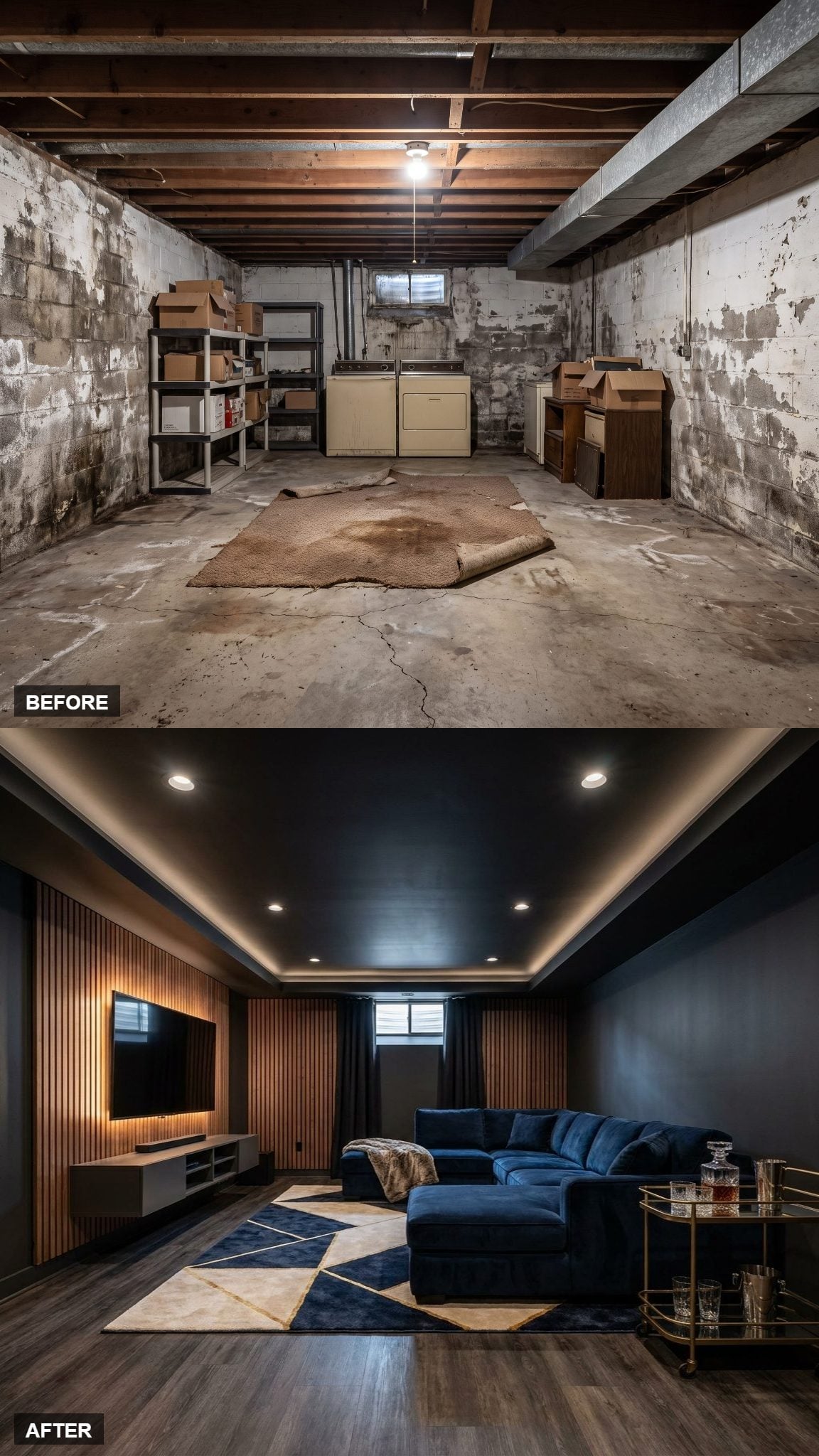 Moody Media Room in Charcoal and Wood Slat