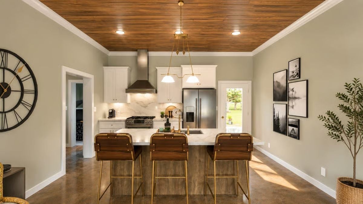 Gold Hardware, Wood Barstools, and a Ceiling That Earns Its Keep