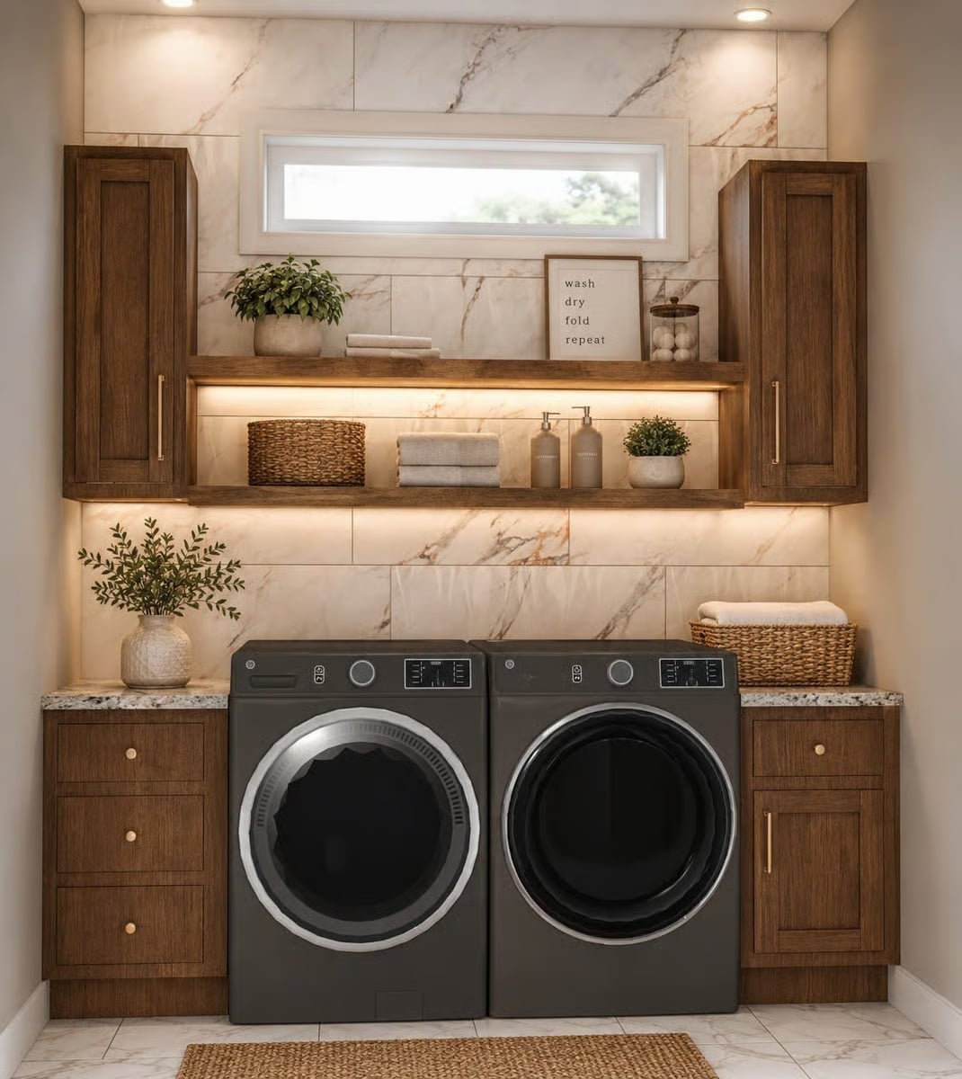 Warm Wood Cabinets, Marble Tile, and Under-Shelf Lighting That Pulls the Room Together
