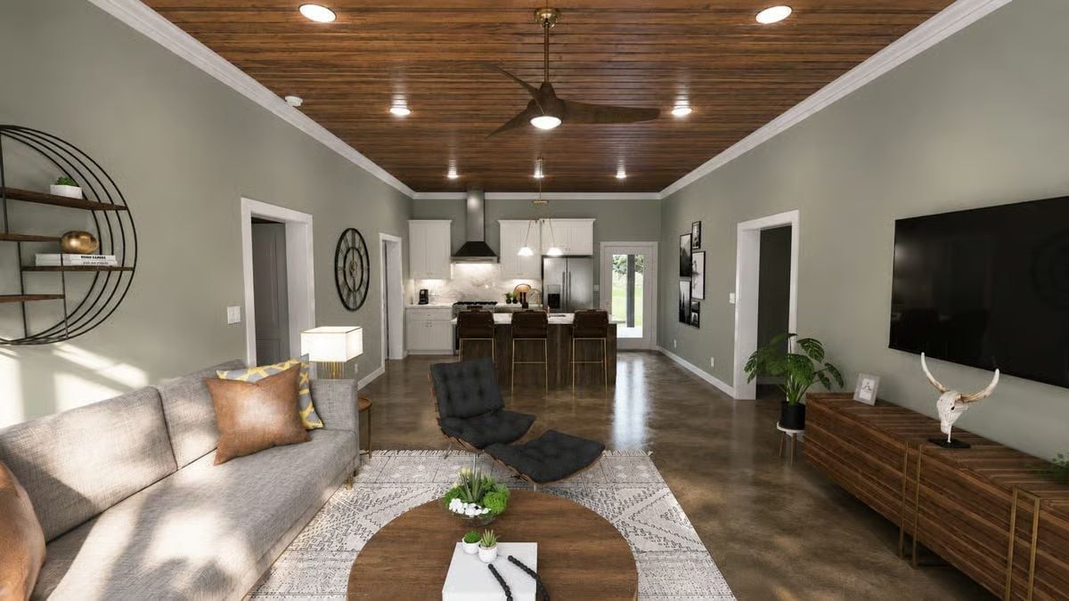 Wood Ceiling, Concrete Floor, and a Kitchen You Can Actually See From the Couch