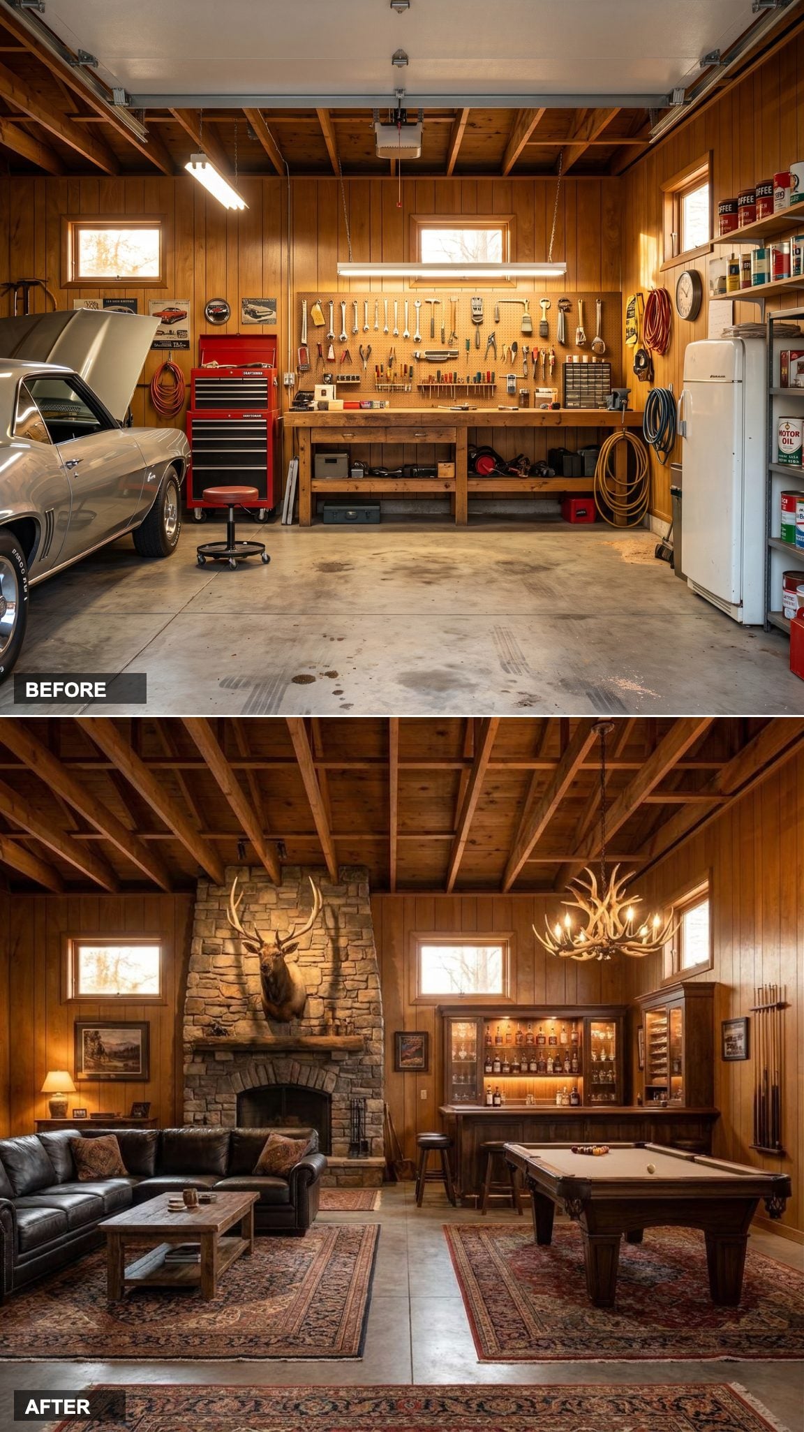 Mountain Lodge Man Cave: Reclaimed Timber, Stacked Stone, and a Billiards Table That Means Business