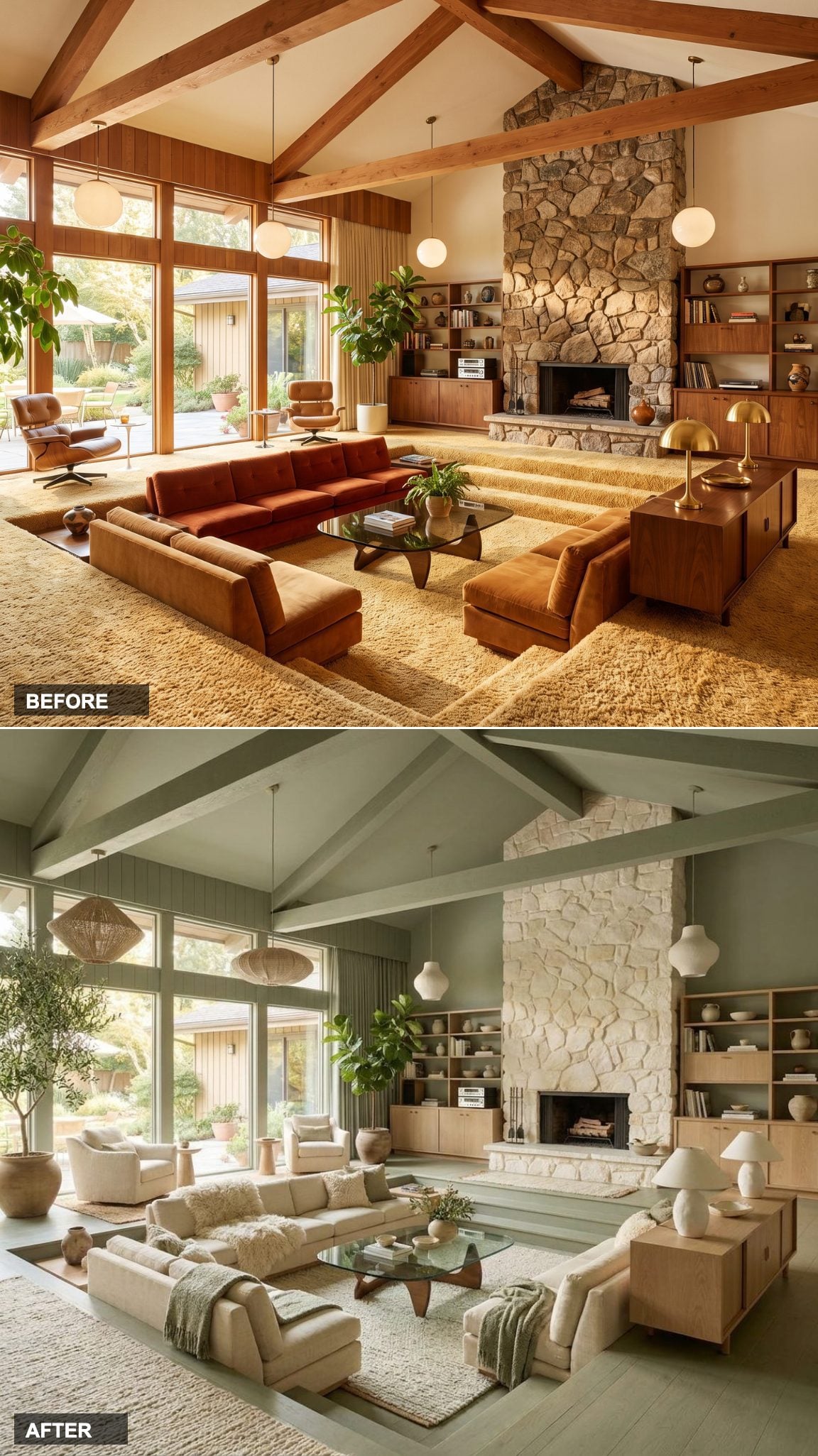 Muted Sage Green Organic Luxury with White Oak Built-Ins and Natural Stone Fireplace