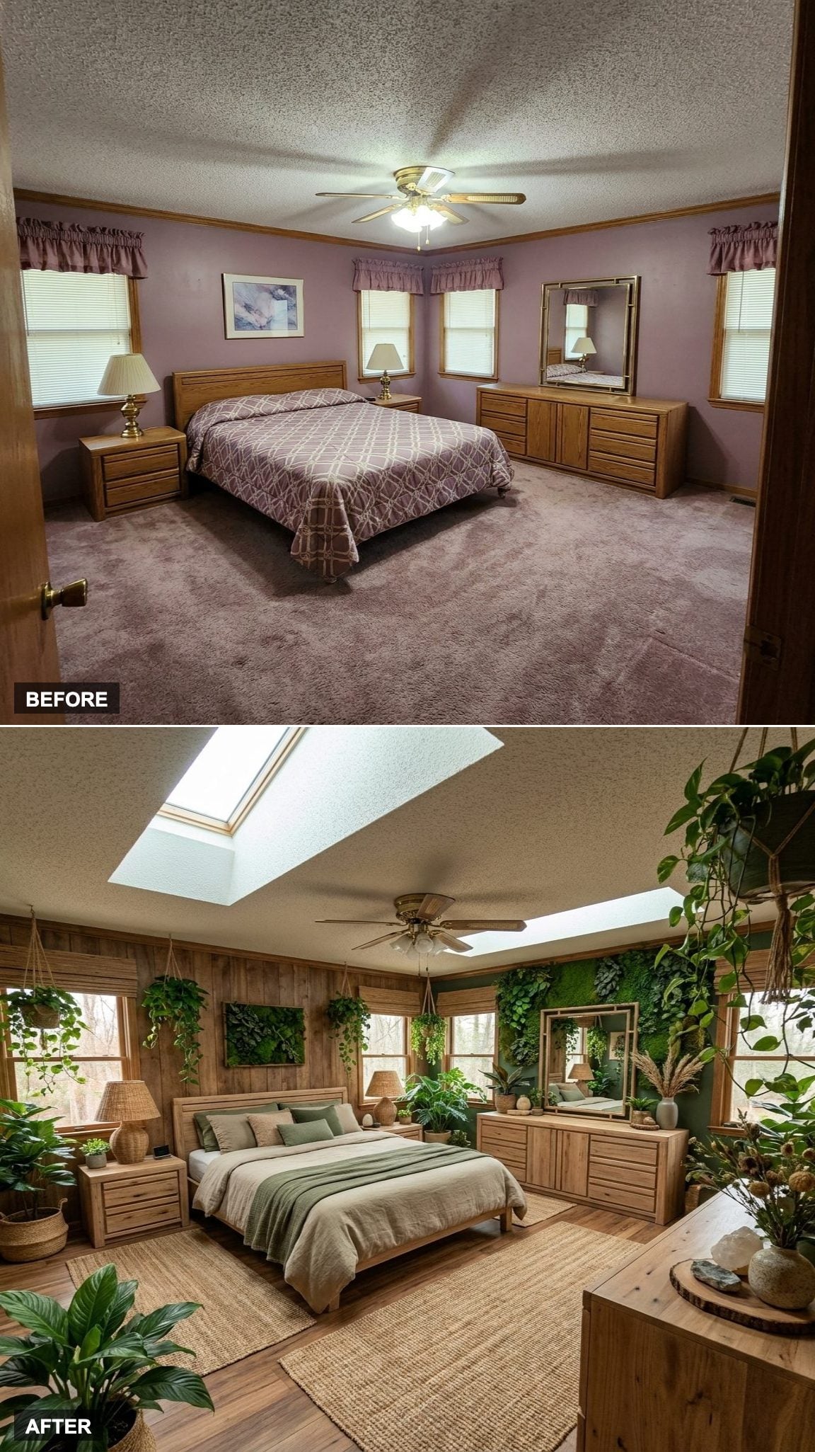 Floor-to-Ceiling Greenery and Warm Wood Bring a Biophilic Calm to the Bedroom