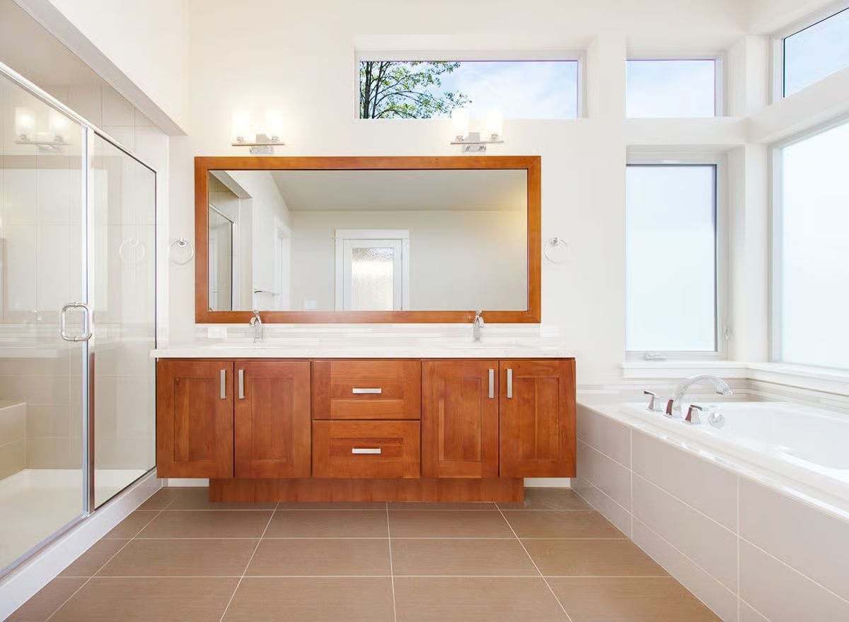 Cherry Vanity, Double Sinks, and Clerestory Windows That Pull In the Sky