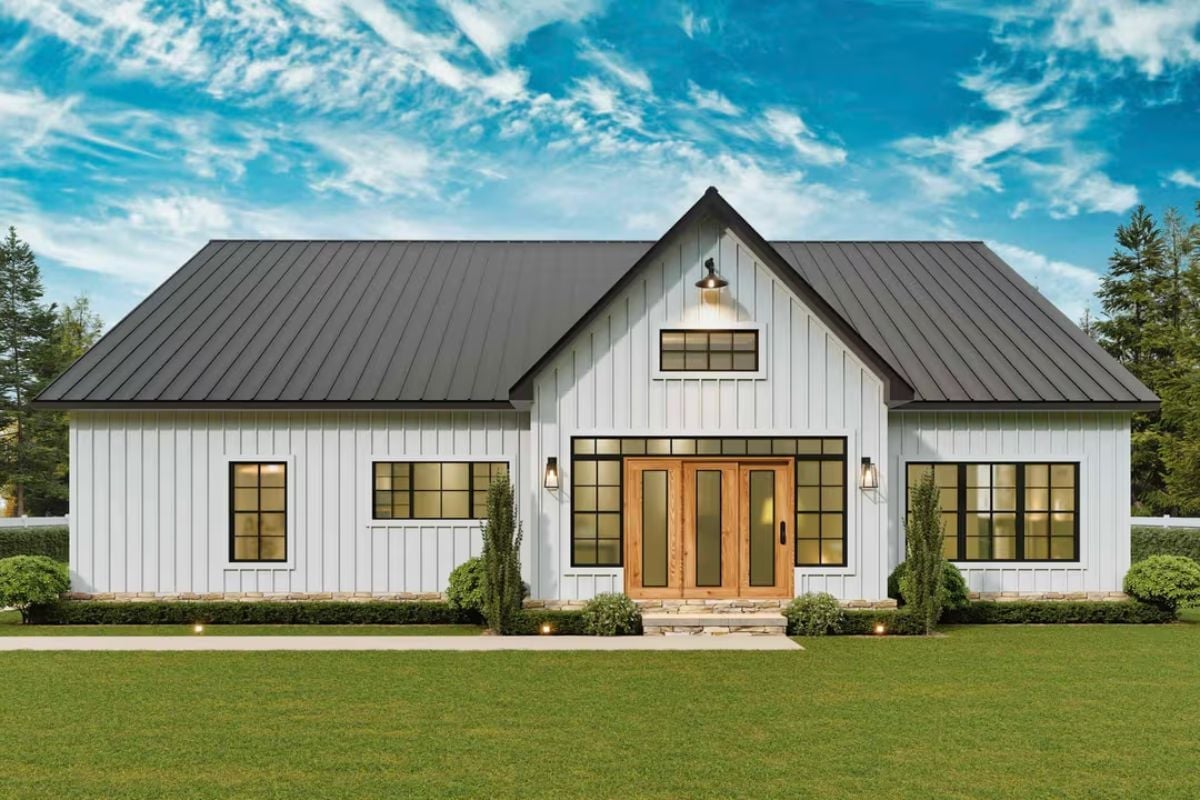 Board-and-Batten White Exterior with a Natural Wood Entry That Actually Earns Attention