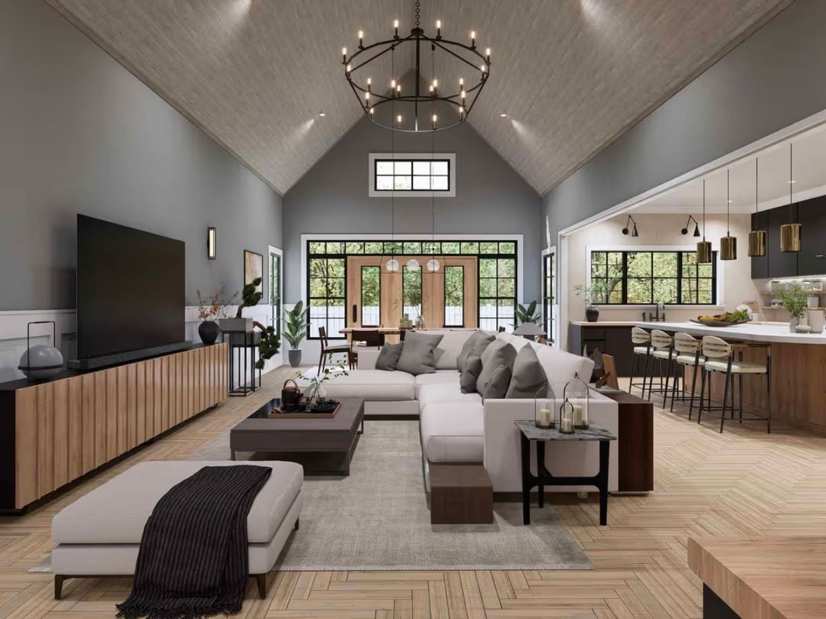 Vaulted Ceilings and a Wood-Paneled Soffit Make the Open Layout Feel Earned