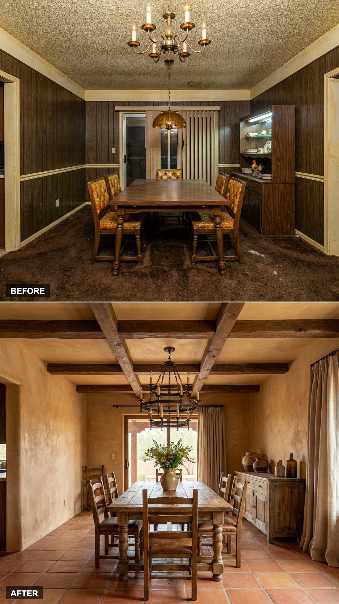 Old World Tuscan Warmth with Terracotta Floors, Exposed Beam Ceilings, and Wrought Iron Chandeliers