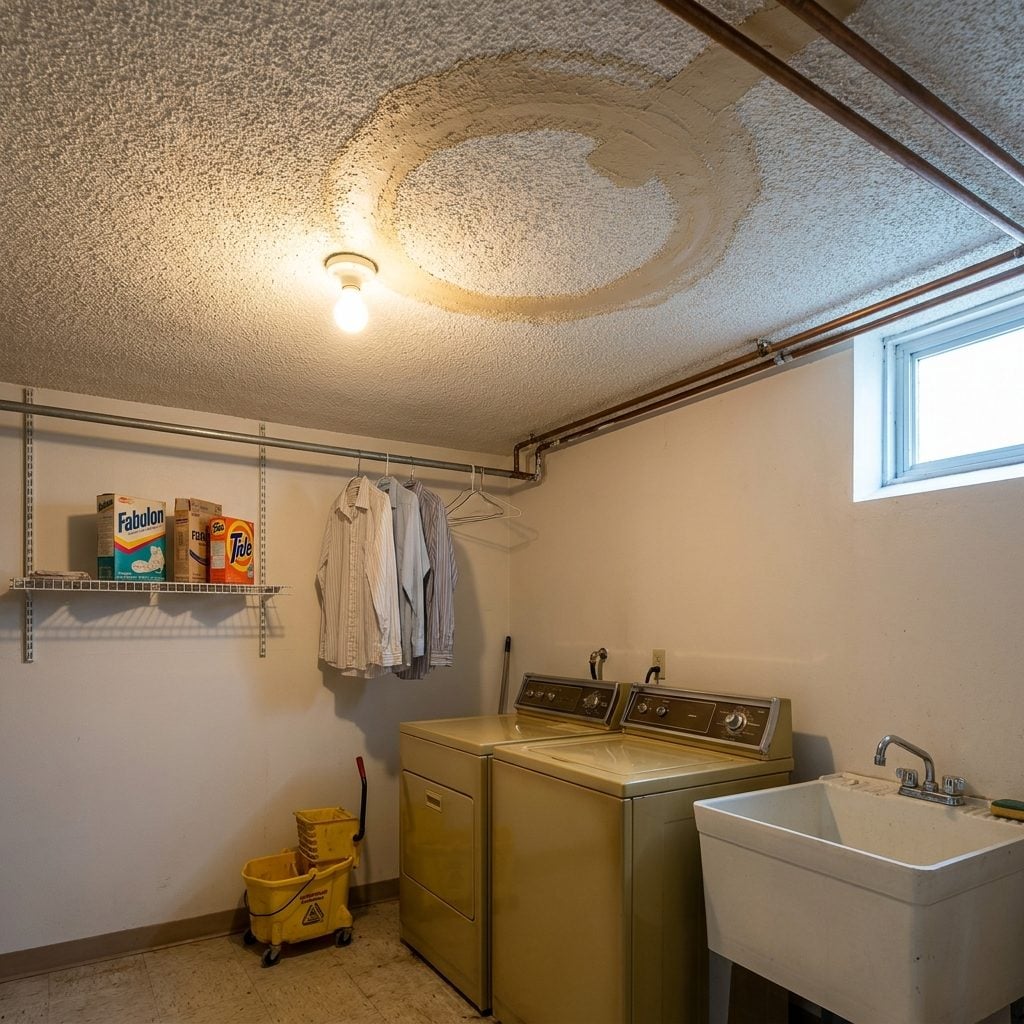 The Painted-Over Water Stain on the Laundry Room Popcorn Ceiling