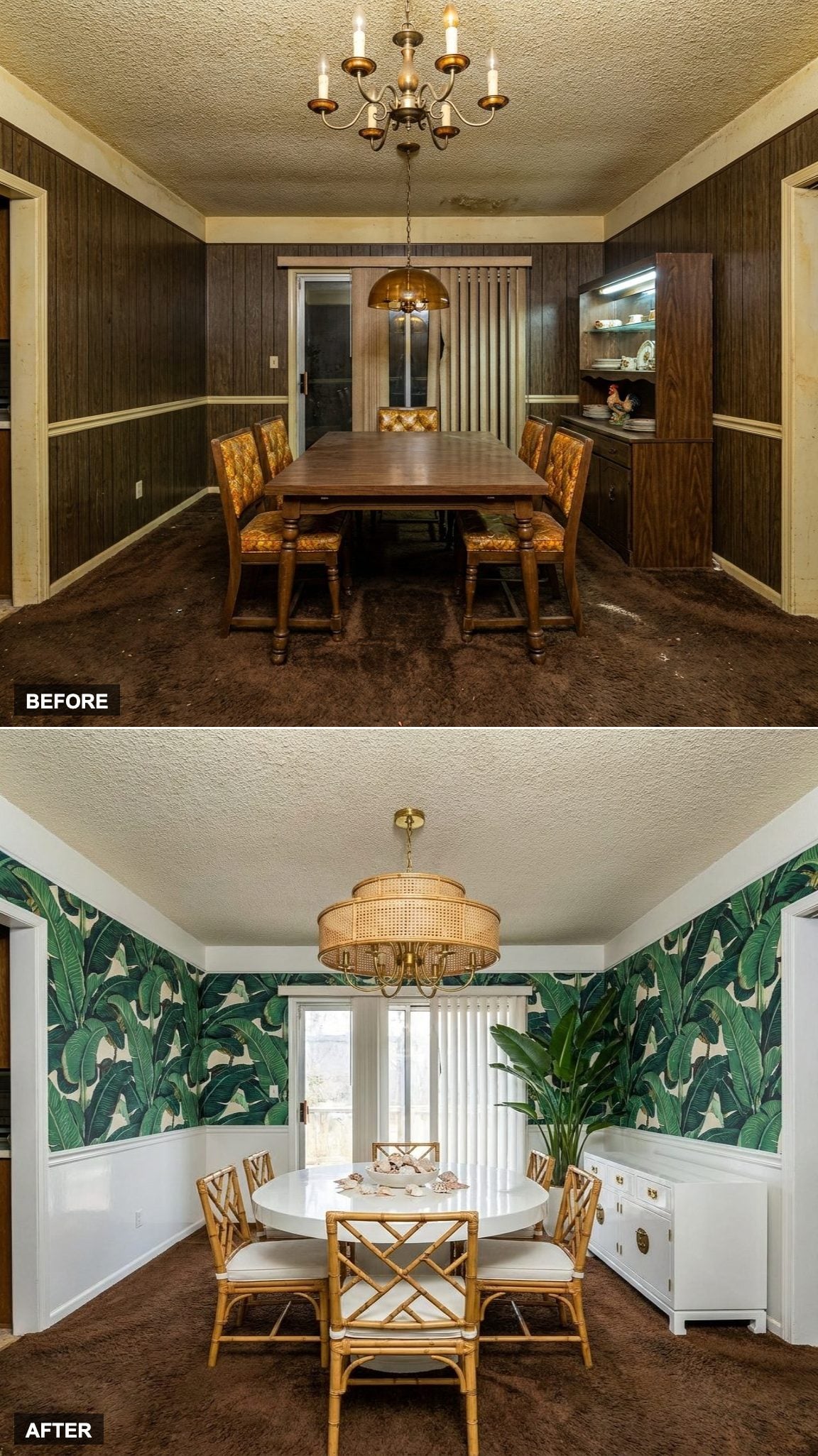 Palm Beach Regency in Glossy Lacquer, Bamboo Chairs, and a Banana Leaf Mural Wallpaper