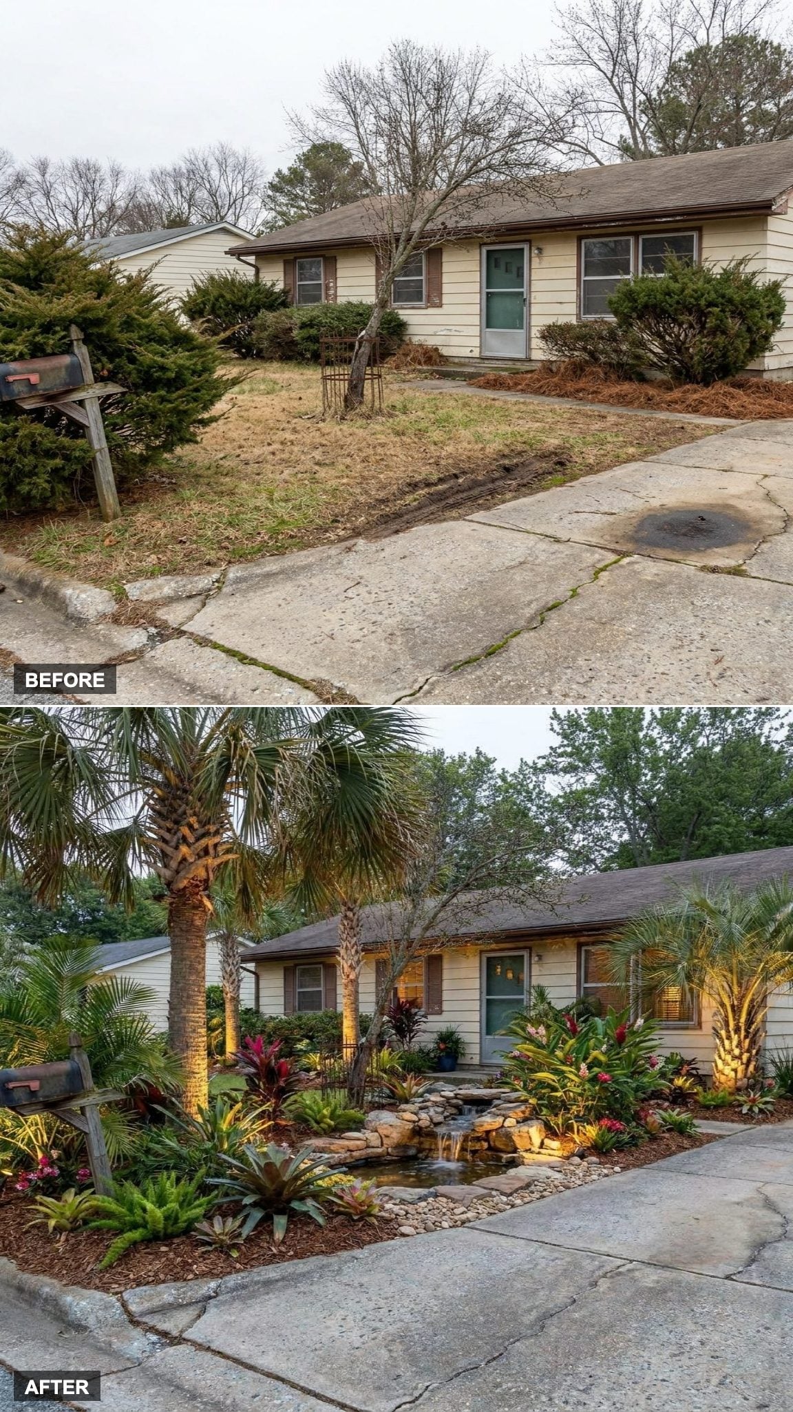 Palm Trees, Lush Foliage, and Resort Uplighting Turn the Front Yard Into a Tropical Escape