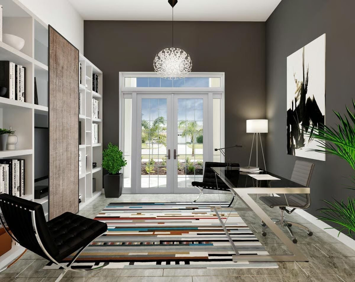 Dark Walls and a Glass Desk Keep This Home Office From Taking Itself Too Seriously