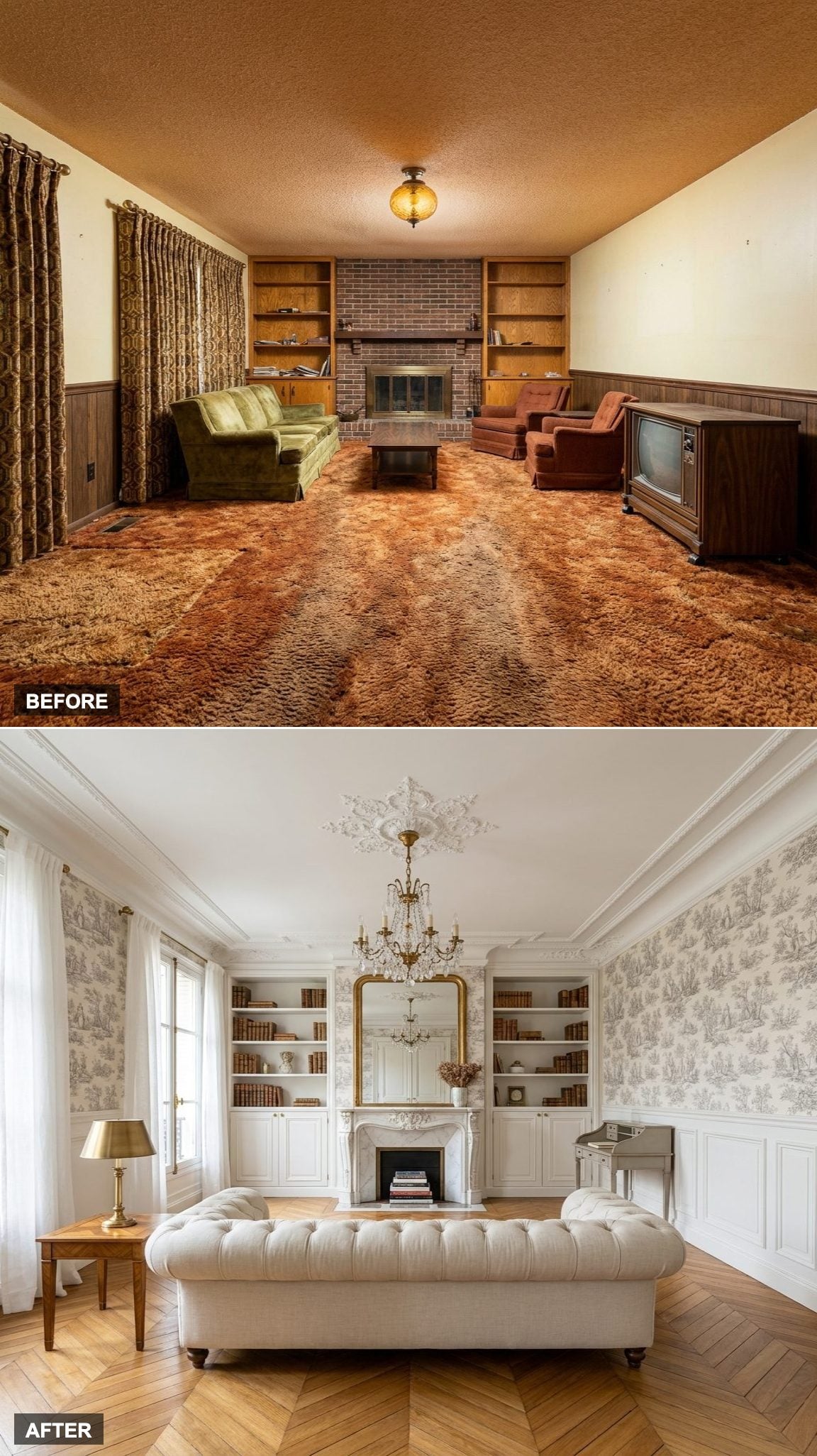 Parisian Haussmann Apartment Style with Herringbone Parquet and Toile Wallpaper