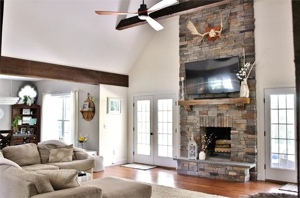 Stone Up to the Ceiling, Wood Beam Overhead, Antlers Optional