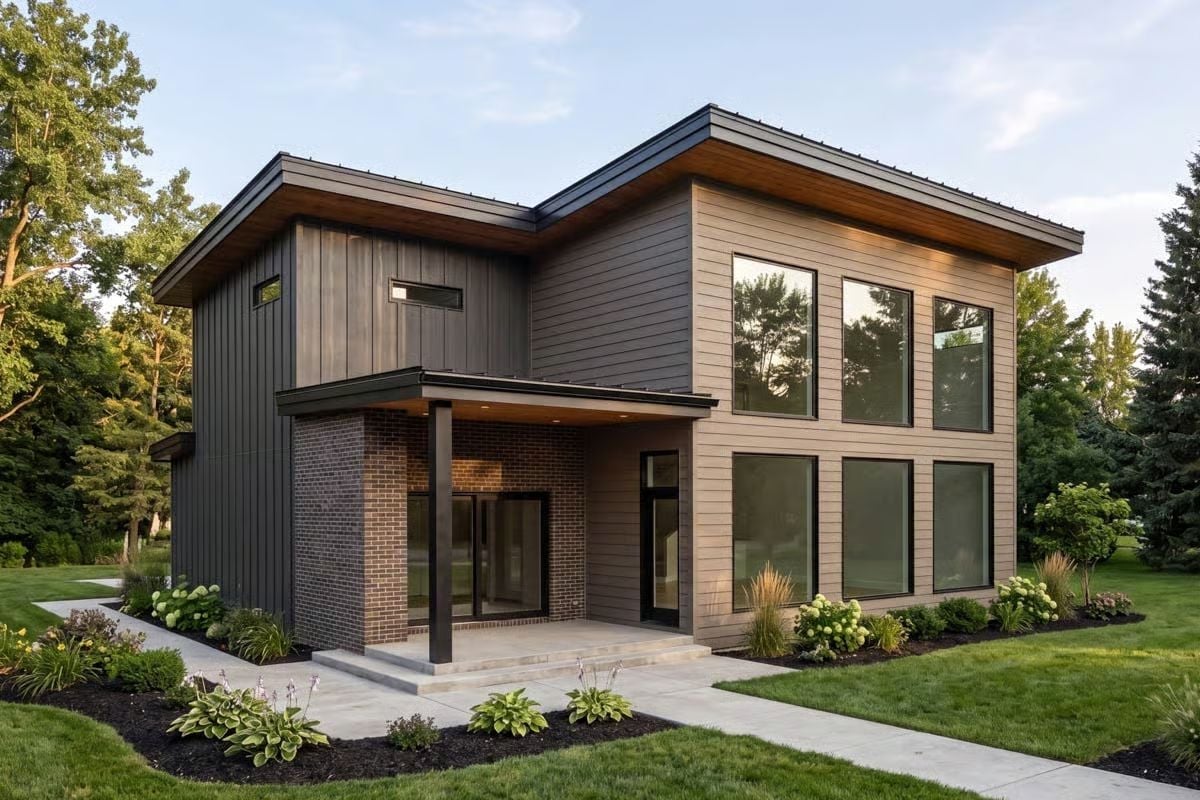 Dark Vertical Siding and Warm Wood Soffits Define This Modern Two-Story