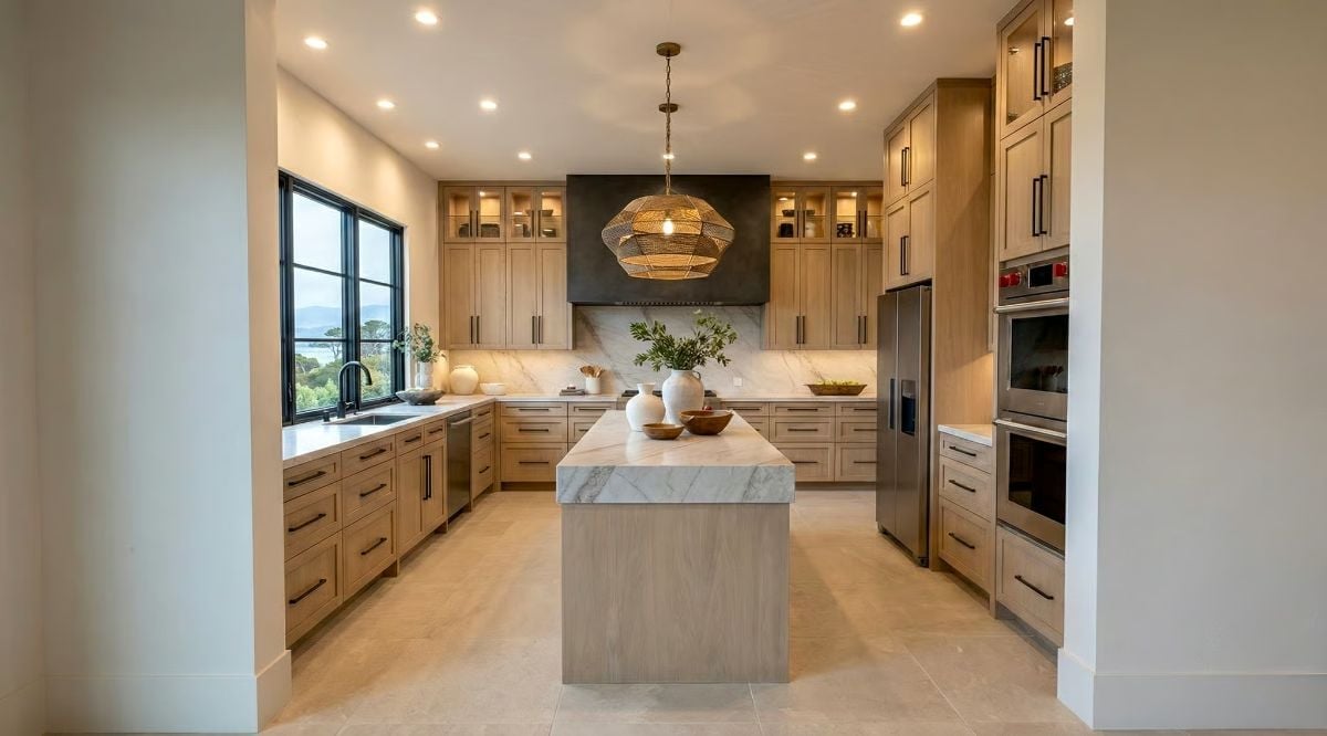 Warm Oak and Marble in a Kitchen That Knows What It's Doing
