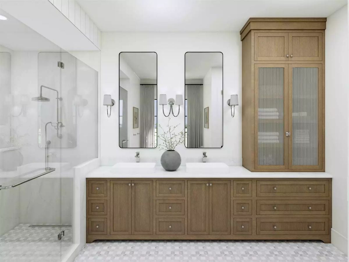 Warm Wood Cabinetry and Fluted Glass Pull a Double Vanity Above the Ordinary