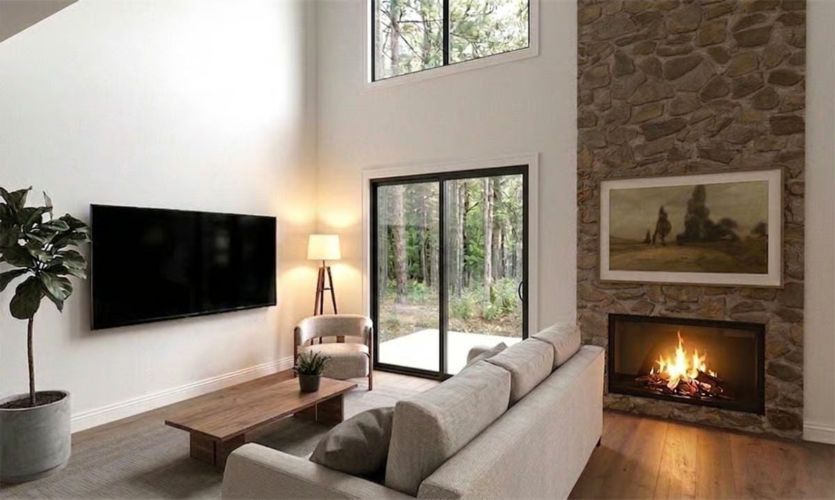Stone Wall, Open Fire, and a Sofa That Asks Nothing of You