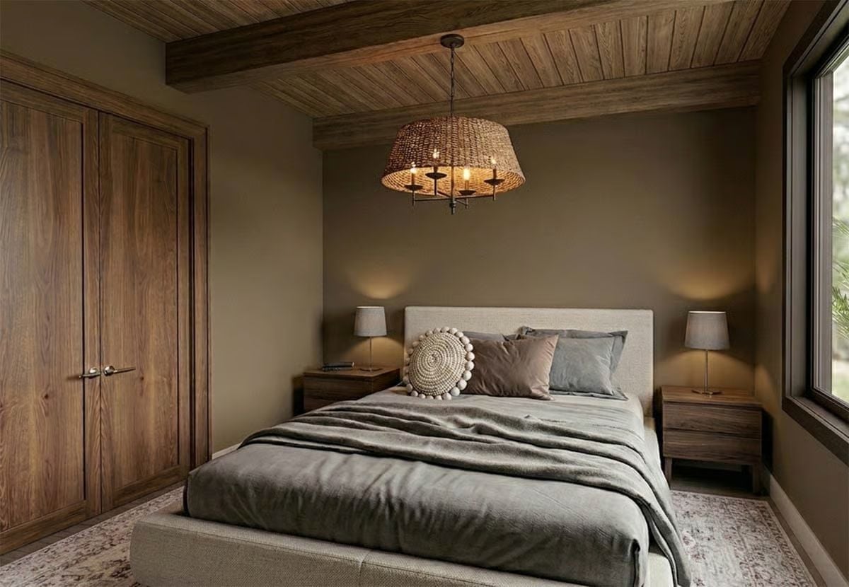 Woven Chandelier, Beam Ceiling, and Bedding That Looks Like It's Been Slept In for Years