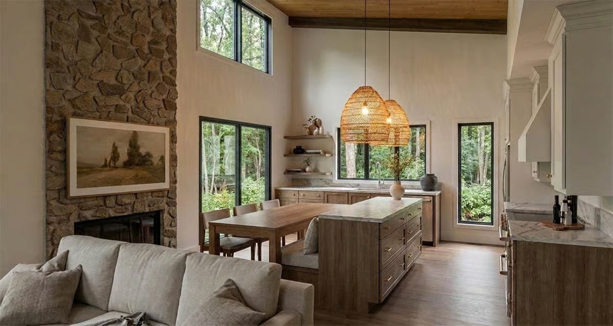 Woven Pendants, Stone Fire Surround, and Windows That Face the Trees
