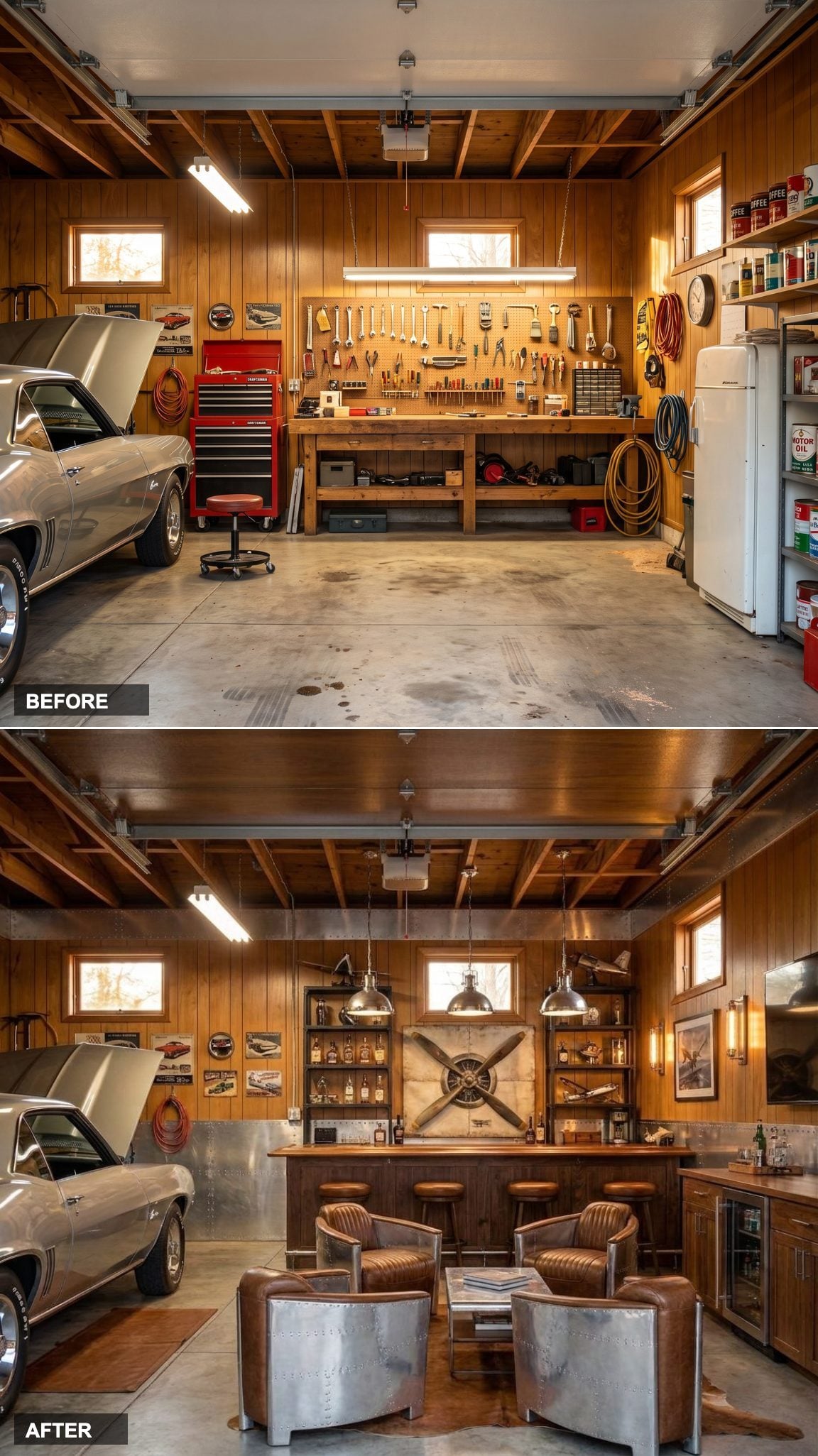 Polished Aluminum, Leather Aviation Chairs, and a Vintage Propeller Turn Concrete Into a Cockpit