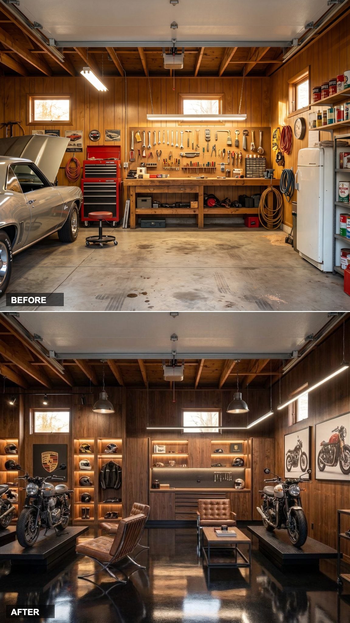 Polished Black Floors and Walnut Walls Turn a Grease Pit Into a Motorcycle Showroom