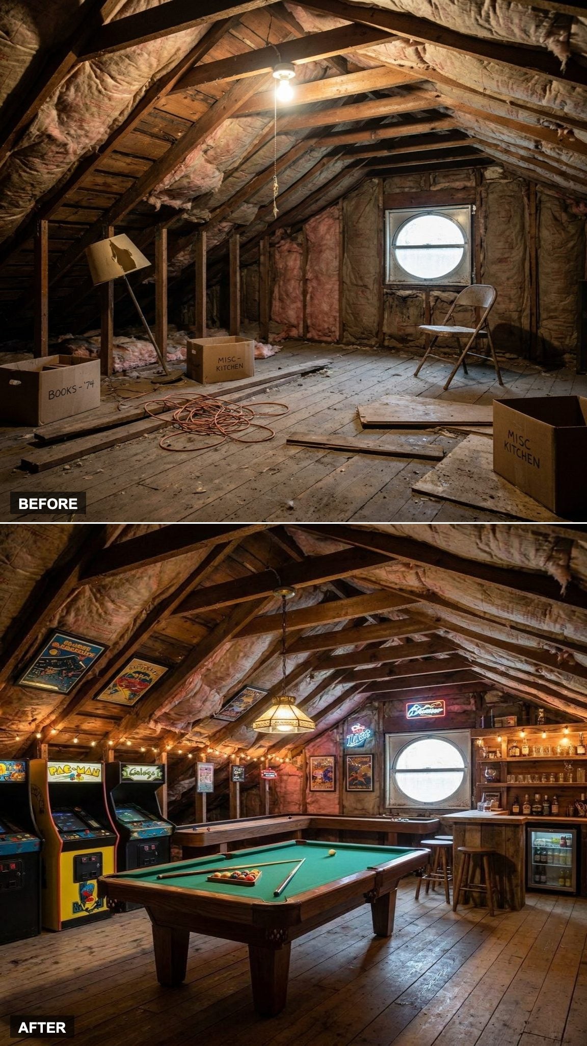 A Pool Table and Shuffleboard Turn the Attic Into an Analog Game Room