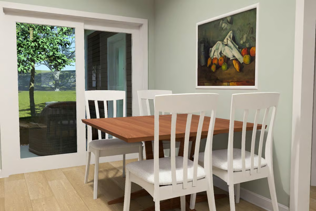 Warm Cherry Wood and White Chairs That Actually Pull the Room Together