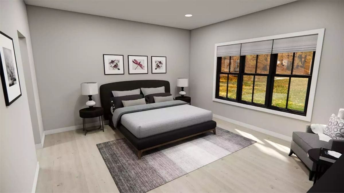 Dark Upholstered Headboard Against Gray Walls Gets the Quiet Just Right