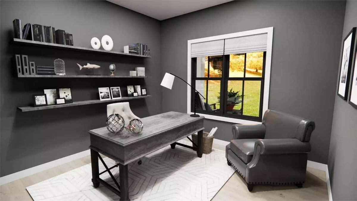 Slate Gray Walls and Floating Shelves Make This Home Office Feel Like It Means Business