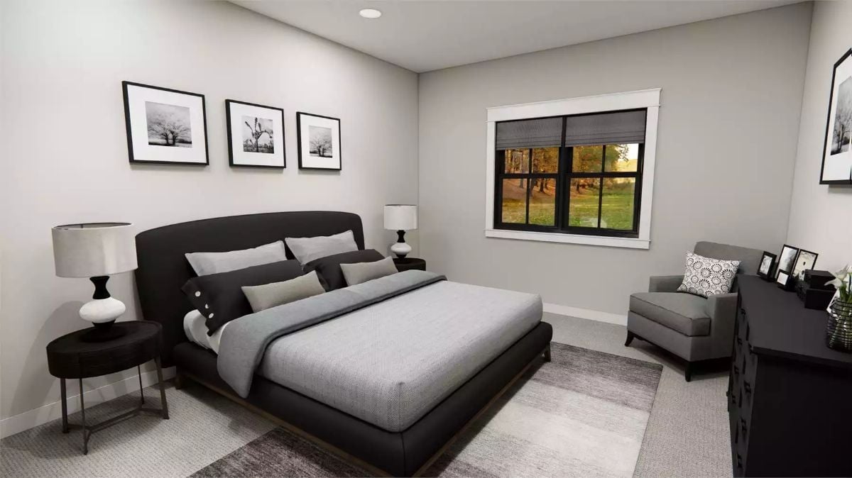 Charcoal Upholstered Bed Frame Doing All the Heavy Lifting in Here