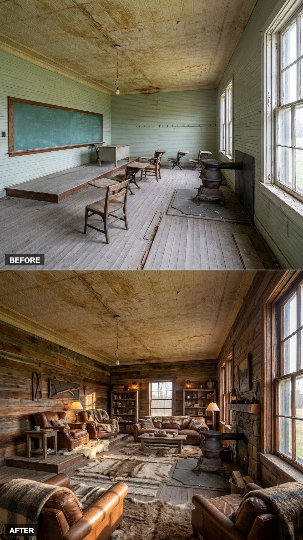 Reclaimed Timber Walls and a Wood-Burning Stove Make This the Rustic Cabin Nobody Could Have Predicted