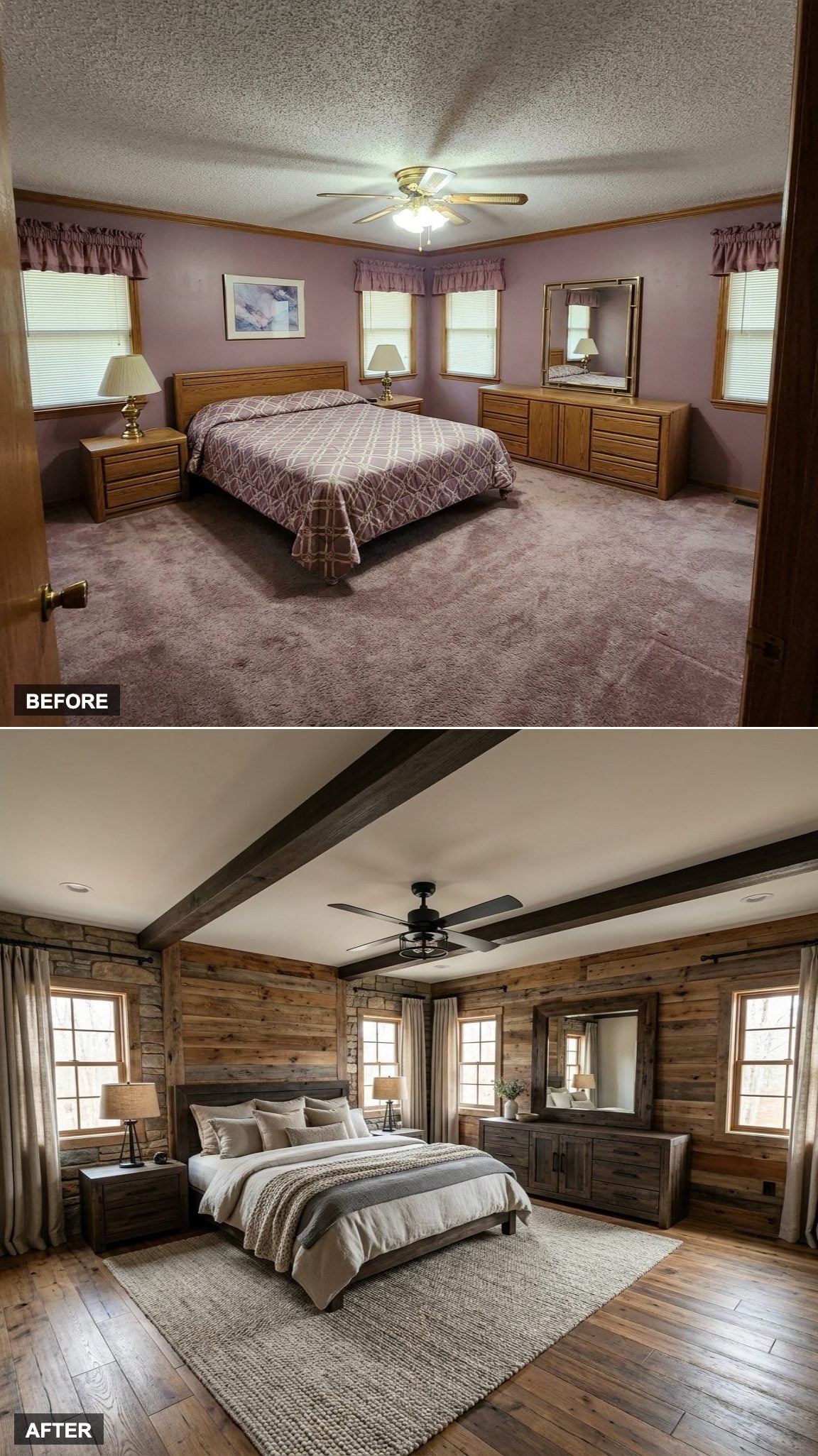 Reclaimed Wood and Black Steel Accents Build a Stronger Rustic Frame Around This Bedroom