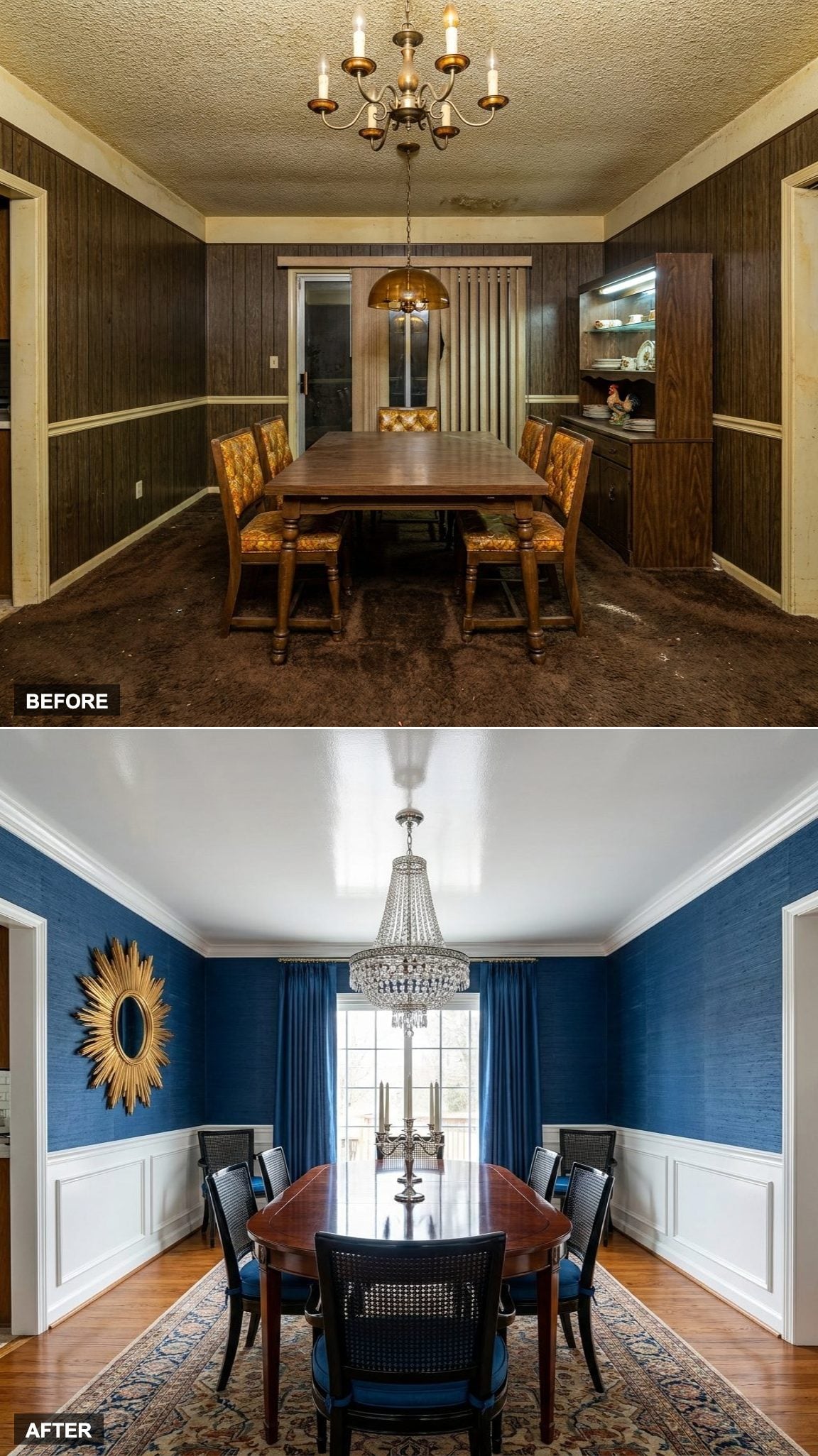 Regency-Core Dining Room with Sapphire Grasscloth Walls, Cane Chairs, and a Crystal Chandelier