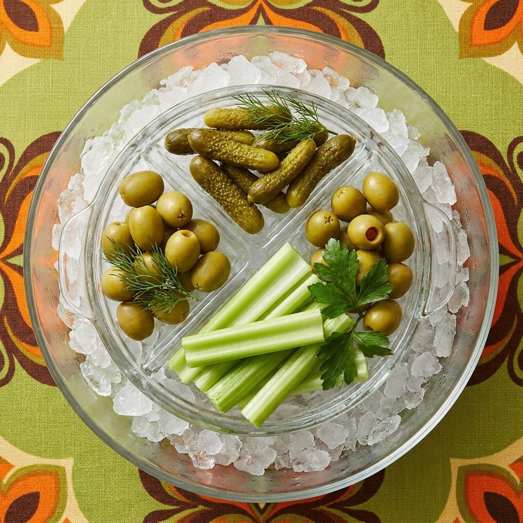The Relish Tray, Olives, Pickles, and Celery Sticks on Ice