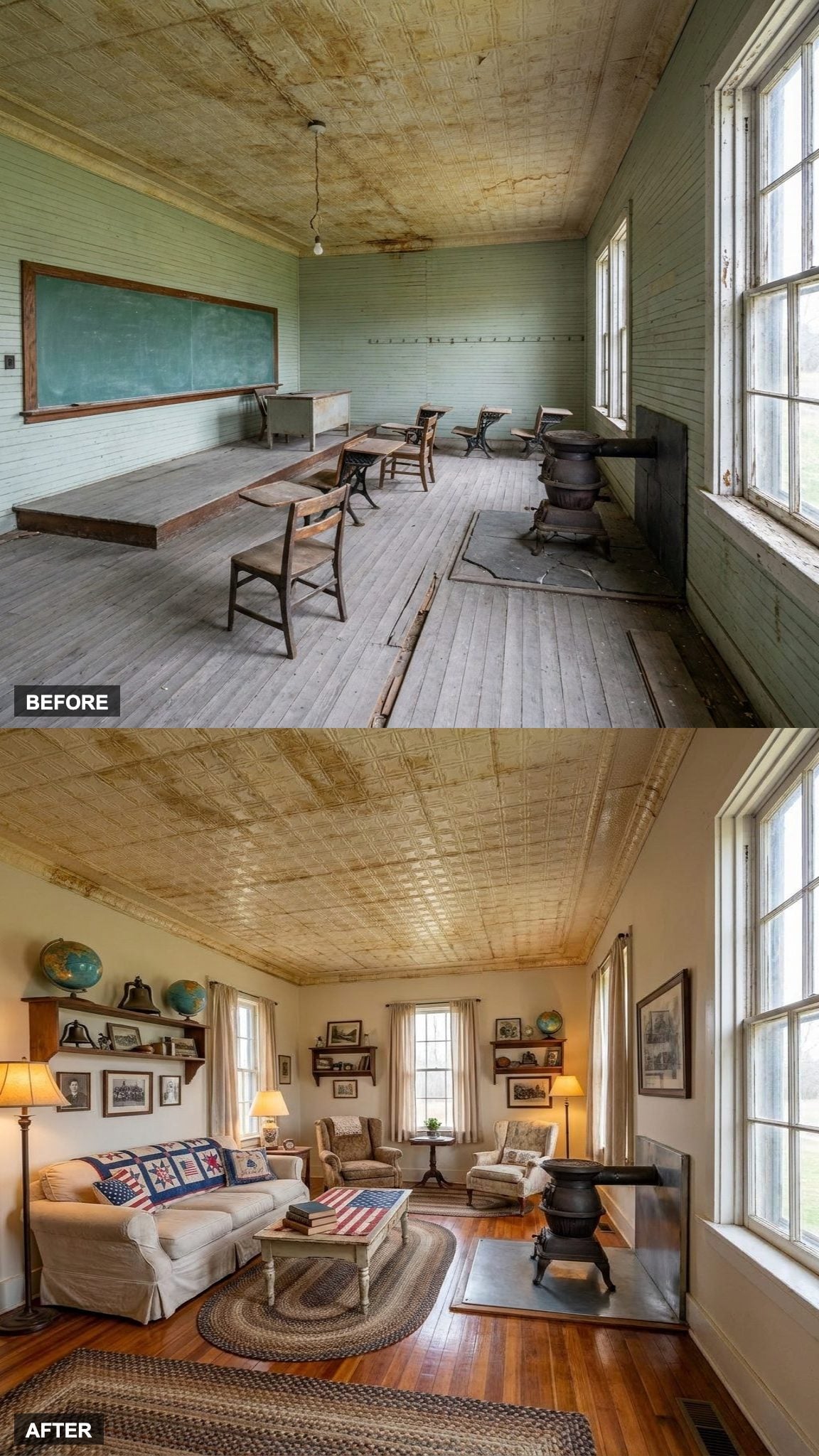 Restored Hardwood Floors, Antique Furnishings, and Schoolhouse Memorabilia That Keep the History Honest