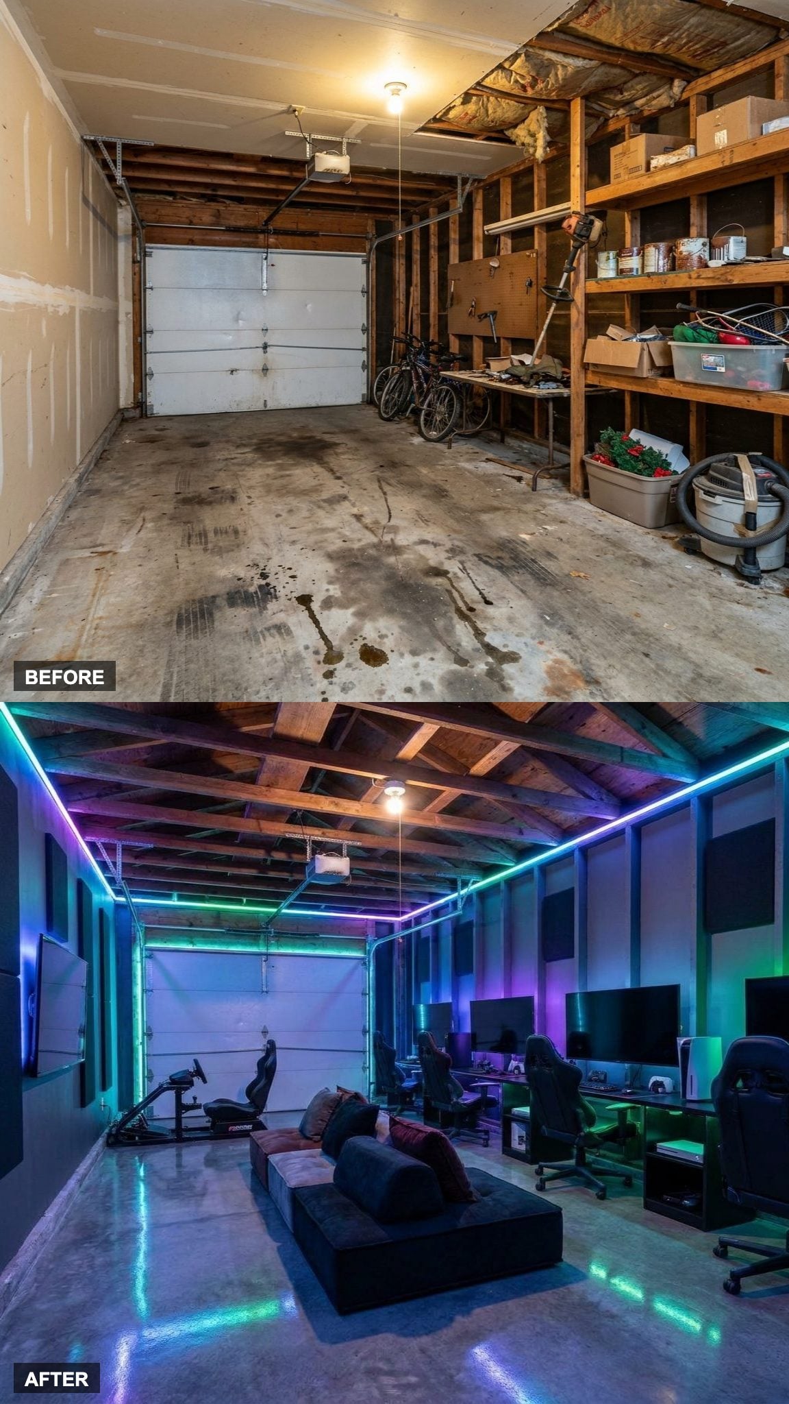 RGB-Soaked Gaming Lounge with Racing Simulator and Modular Seating That Actually Fits