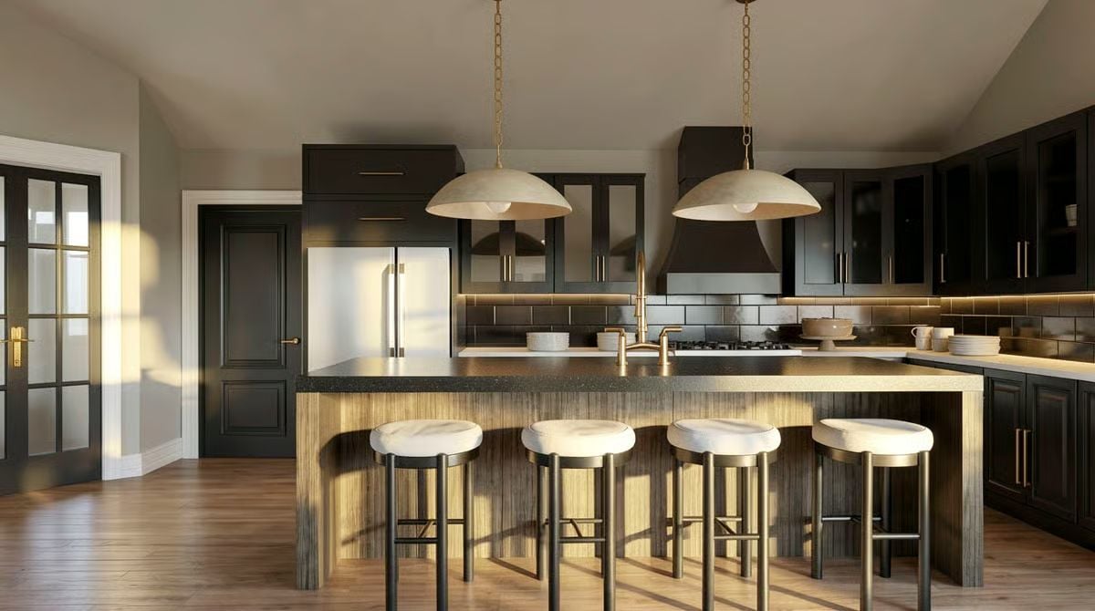 Dark Cabinets, Gold Chain Pendants, and a Kitchen Island That Does Real Work