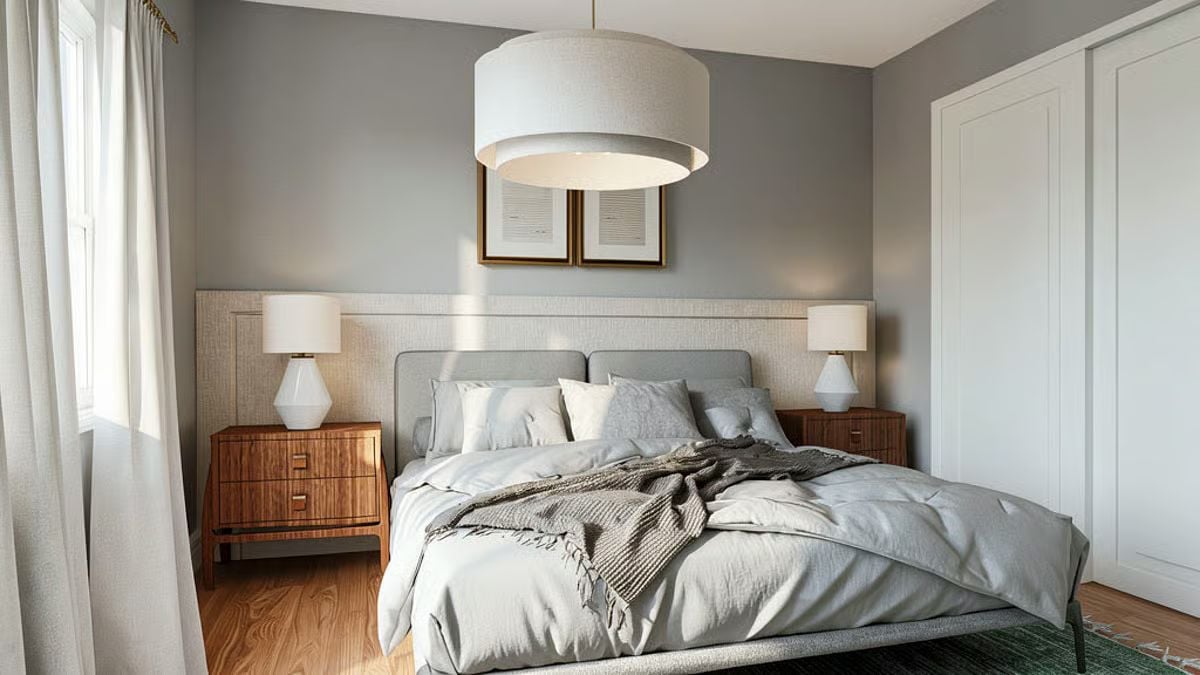Gray Linen, Wood Nightstands, and a Pendant That Actually Fits the Room