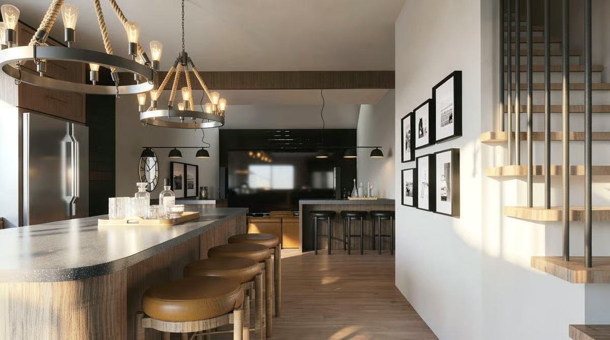 Rope-Wrapped Chandeliers and Leather Barstools Pull the Whole Kitchen Together