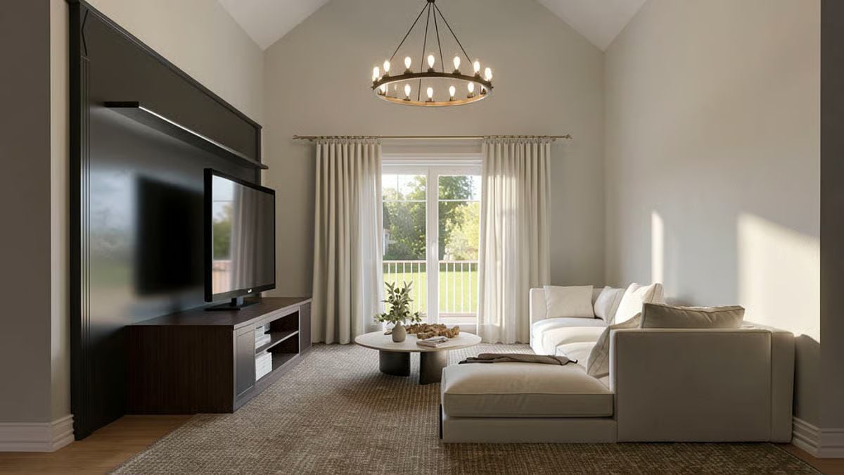 Vaulted Ceilings and a Dark Built-In Make This Living Room Work Hard in Both Directions