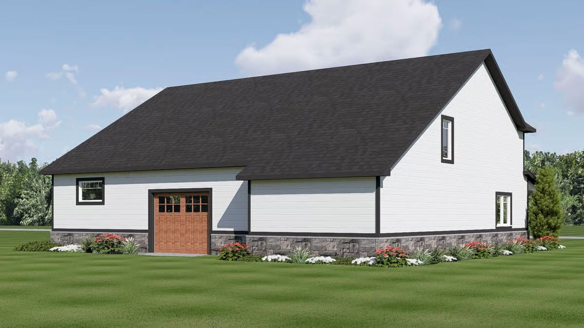 White Lap Siding, Stone Base, and a Wood Garage Door That Pulls the Side Elevation Together