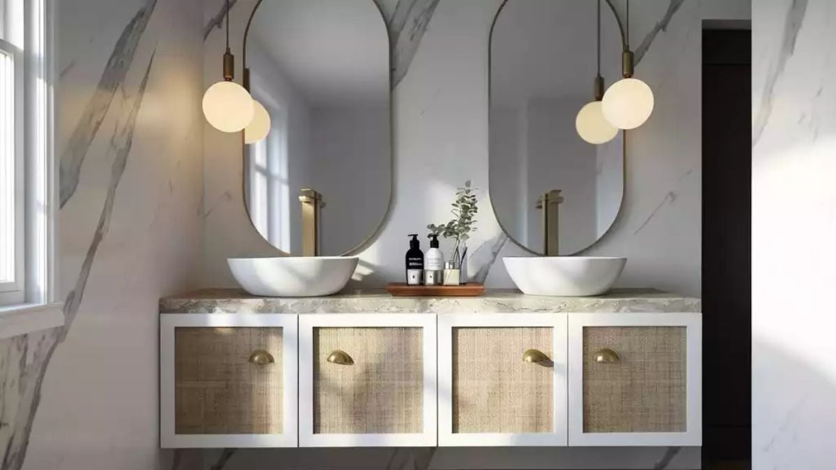 Oval Mirrors and Rattan Cabinet Fronts Earn Their Place in This Double Vanity